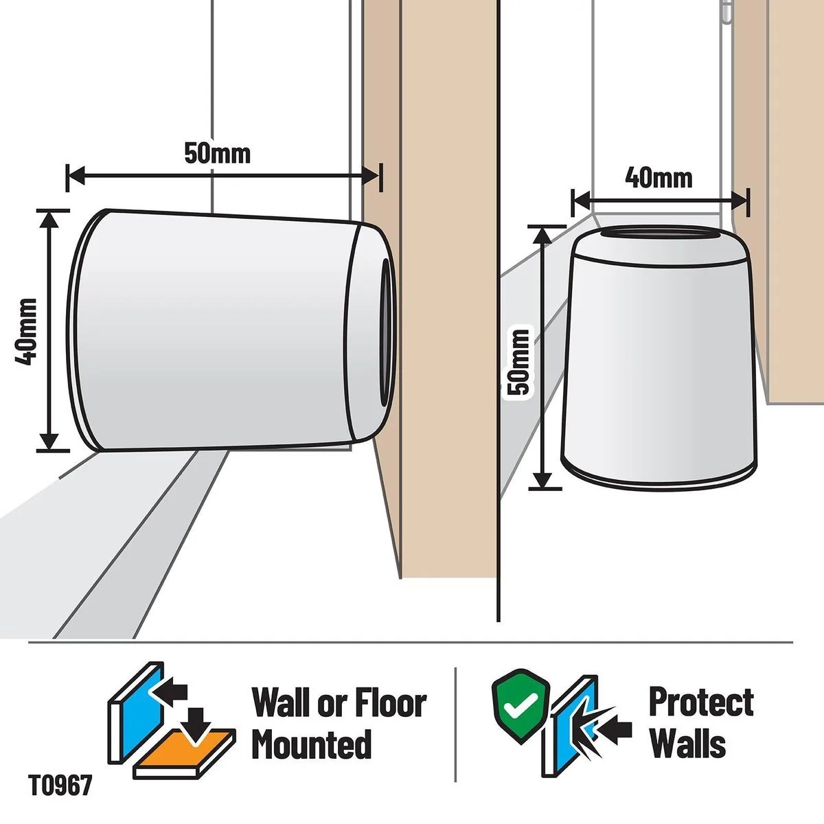 Adoored Door Stop - 50mm - Rubber - Wall/Floor Mounted - Image 3