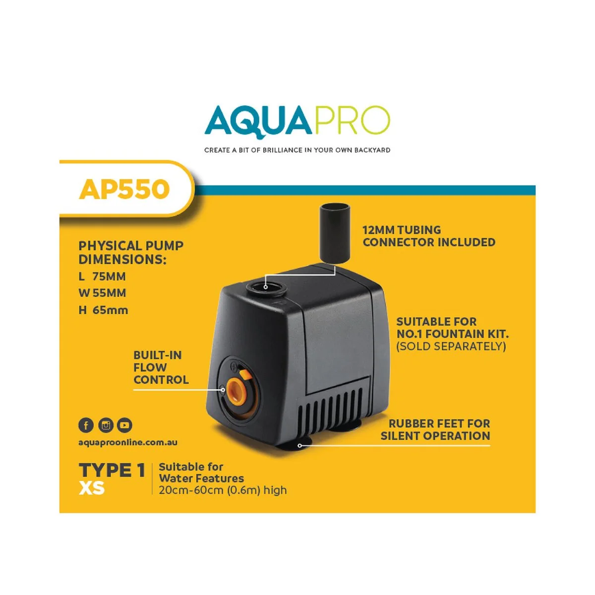 Aquapro Water Feature Pump - 550L/h - Compact - Indoor Use - Image 3