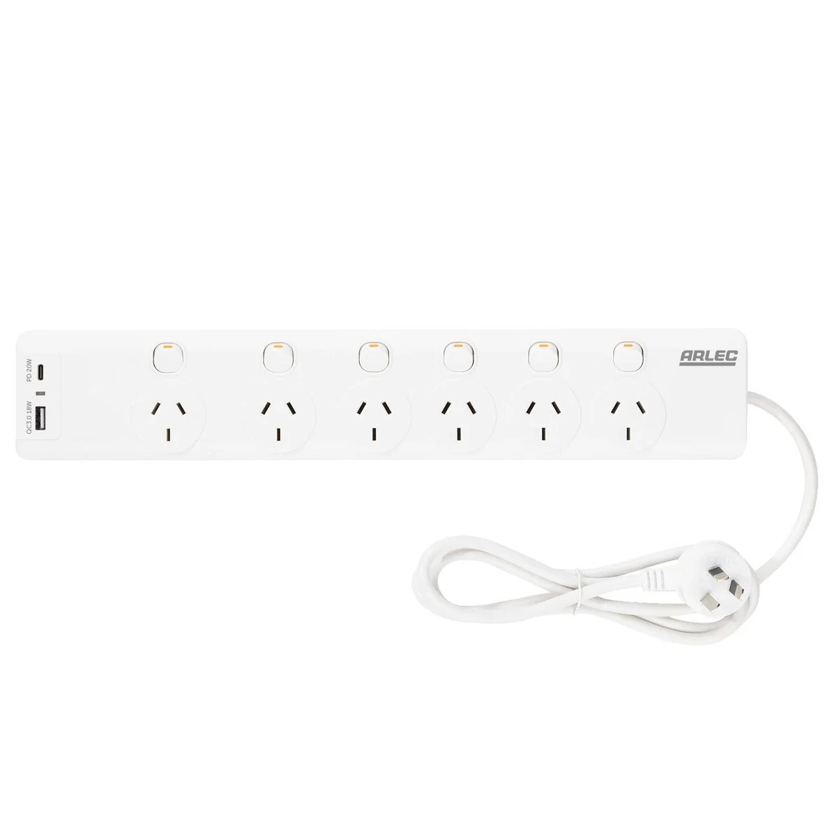 Arlec 6 Outlet Surge Protected Powerboard 1.8m - White - PD20W USB Charging