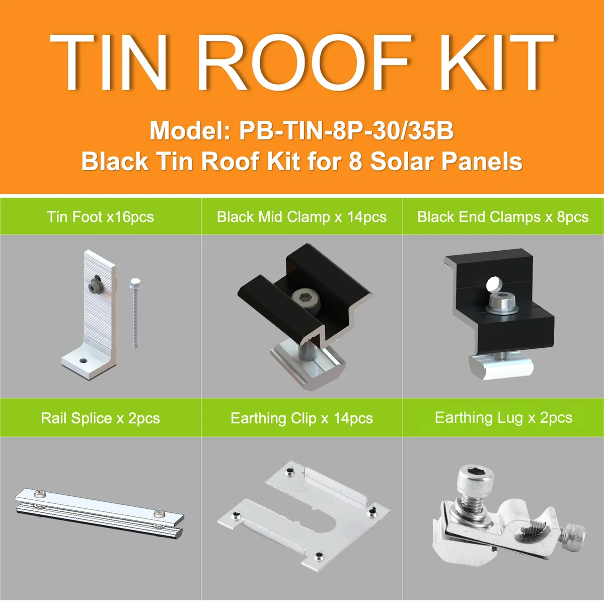 Black Tin Kit 30 35mm - Solar Panel Mounting Kit for 8 Panels - Black - Image 2