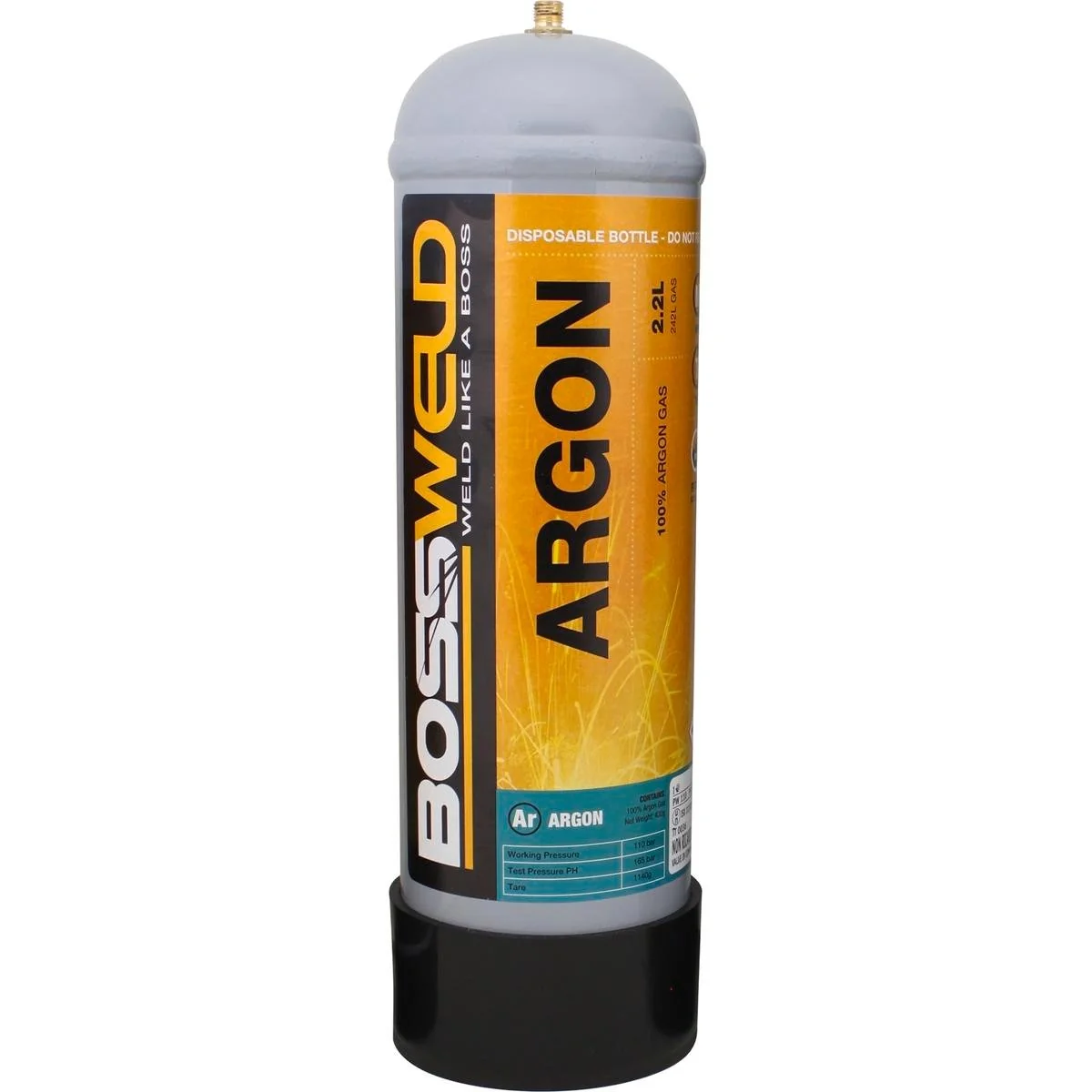 Bossweld 2.2L Pure Argon Disposable Gas Bottle - MIG/TIG Welding - Compact