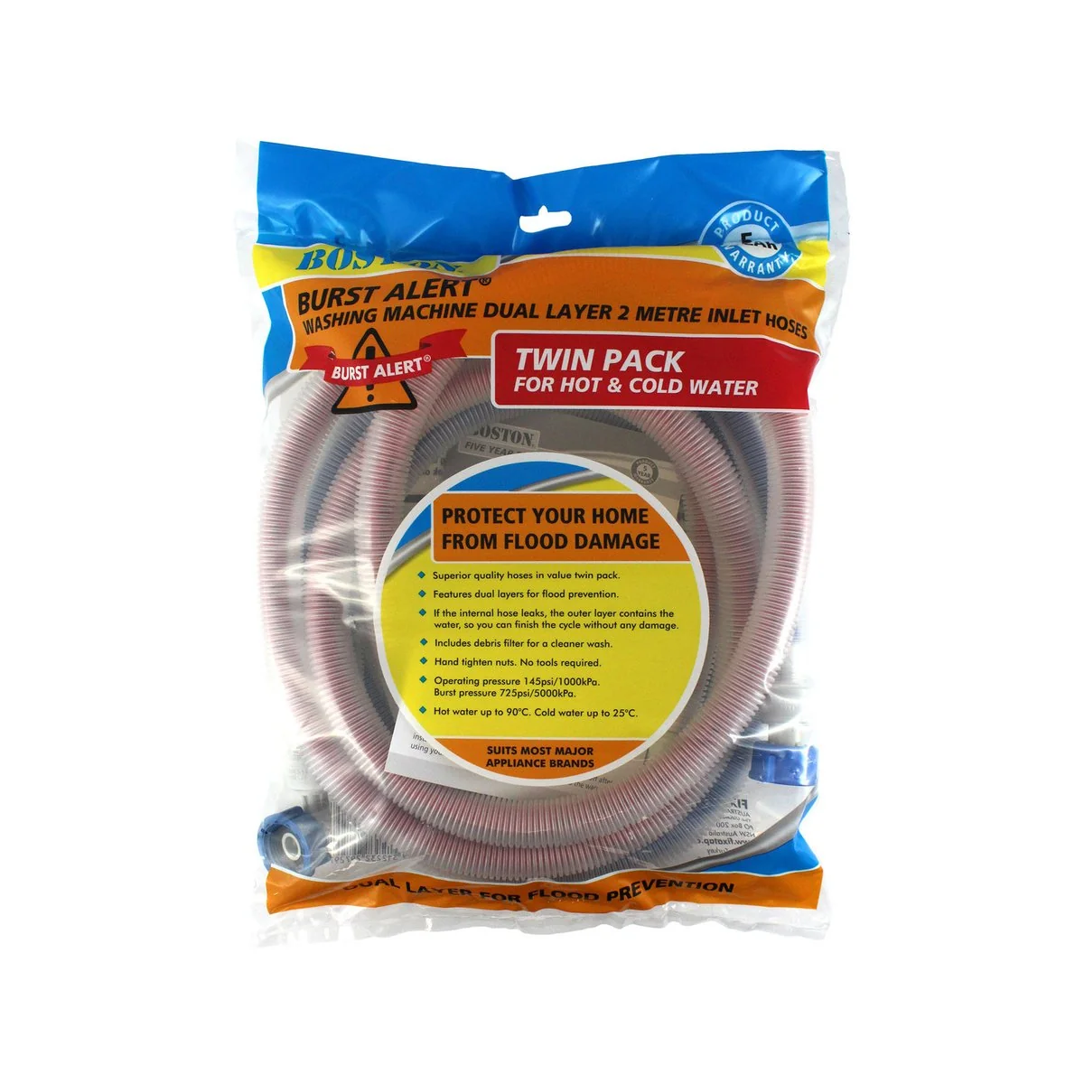 Boston 2m Burst Alert Inlet Hose Twin Pack - Washing Machine & Dishwasher - Flood Protection - Image 2
