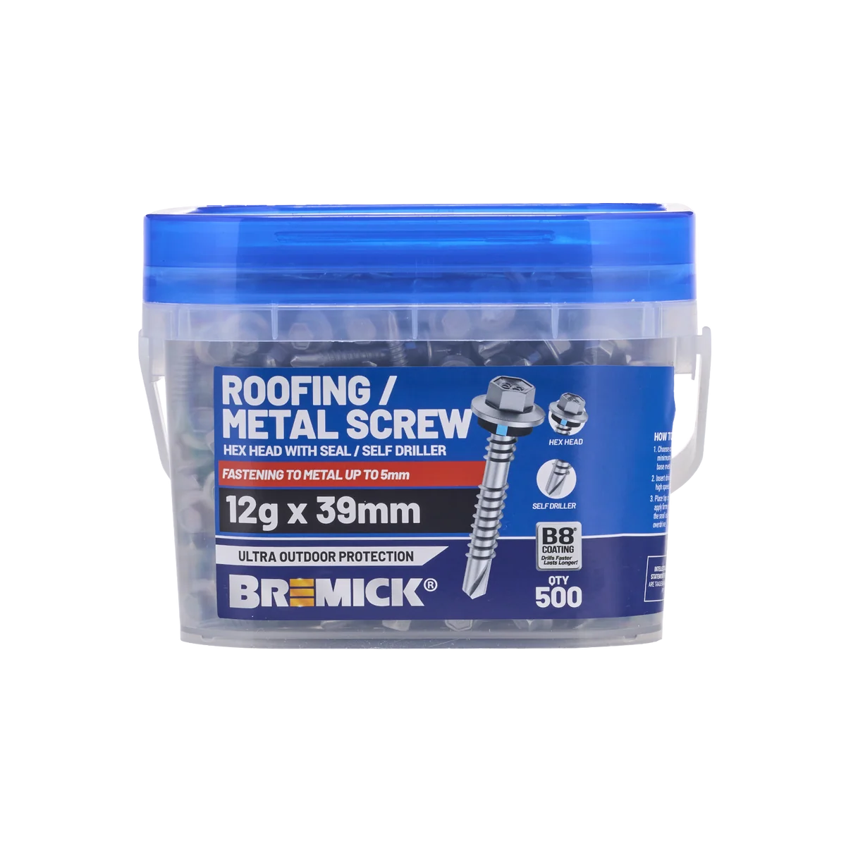 Bremick 12g x 39mm B8 Hex Roofing Screw - 500 Pack - Watertight Seal - Image 2