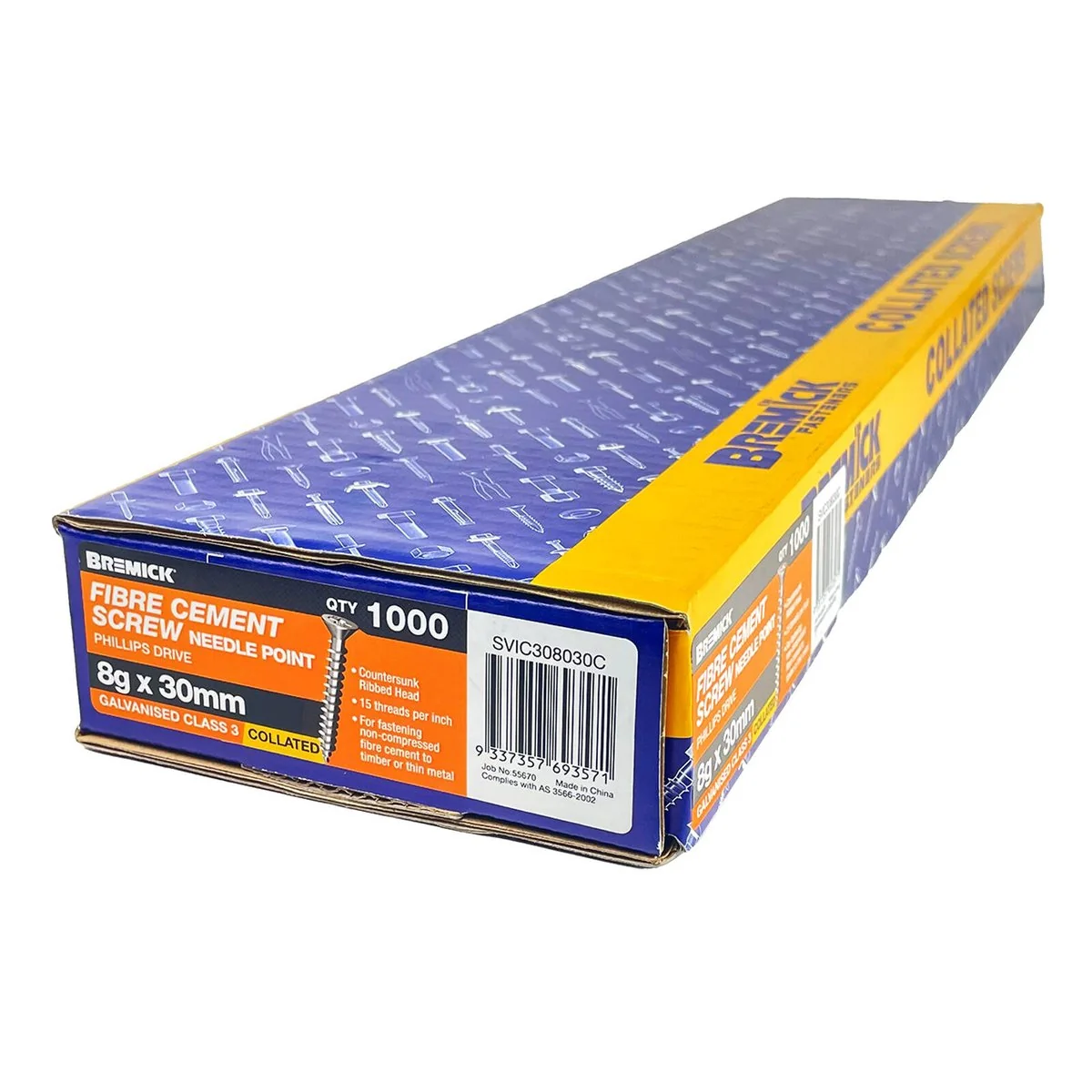 Bremick Collated Screw 8g x 30mm Galvanised - 1000 Pack - Fibre Cement