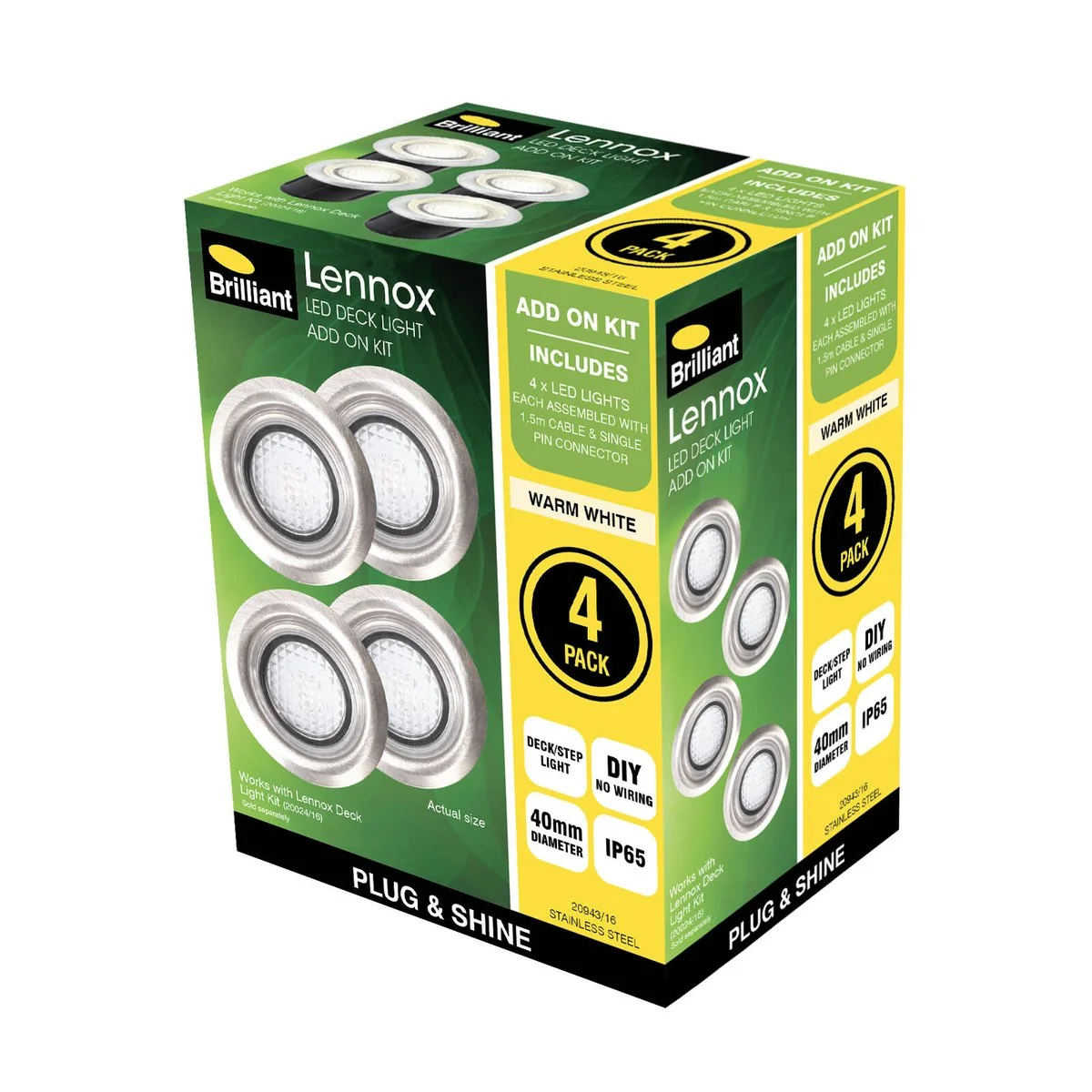 Brilliant Warm White LED Lennox Deck Light Add On Kit 4 Pack - 40mm - Stainless Steel - Image 5