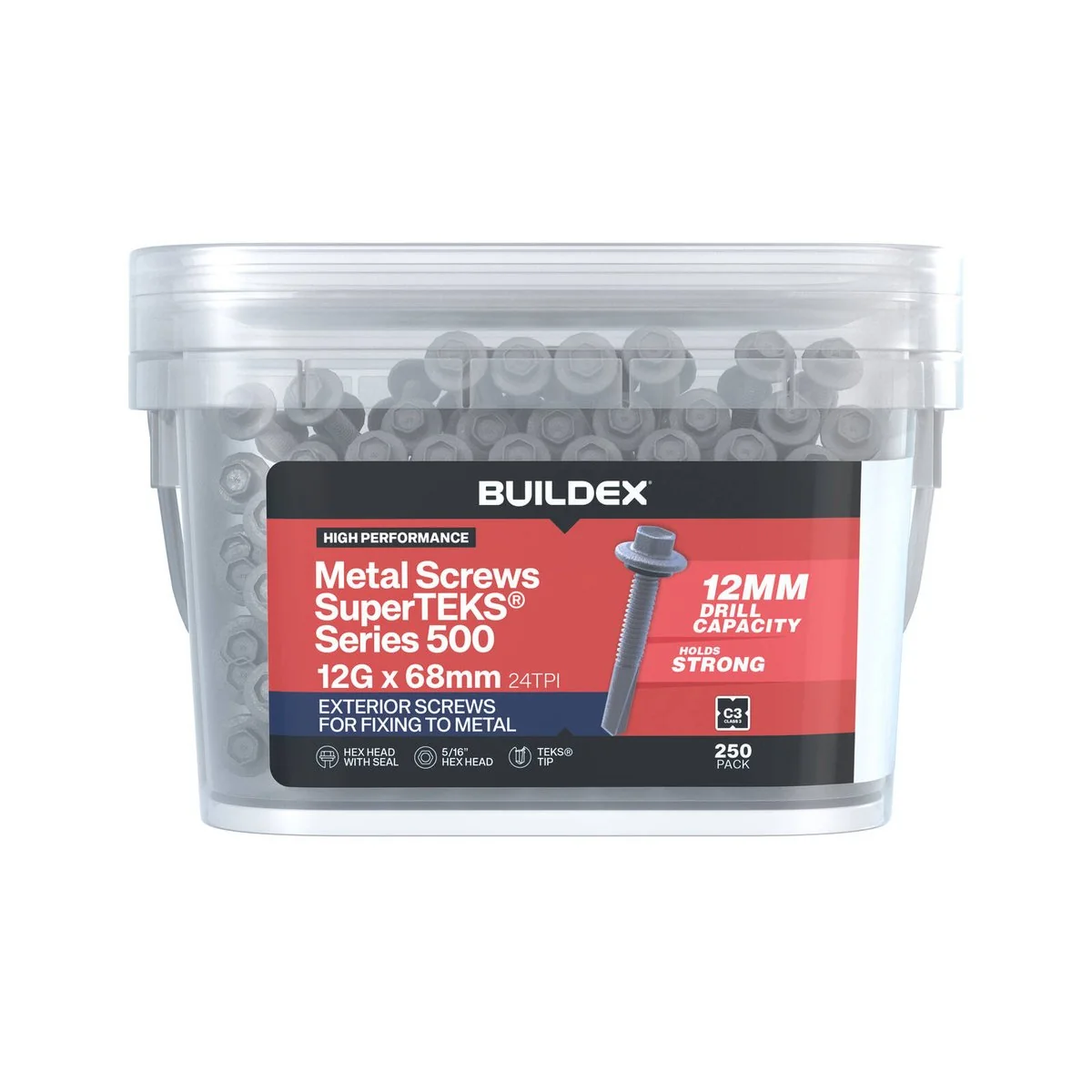 Buildex 12g Galvanised Superteks Screws - 68mm - 250 Pack - Self-Drilling