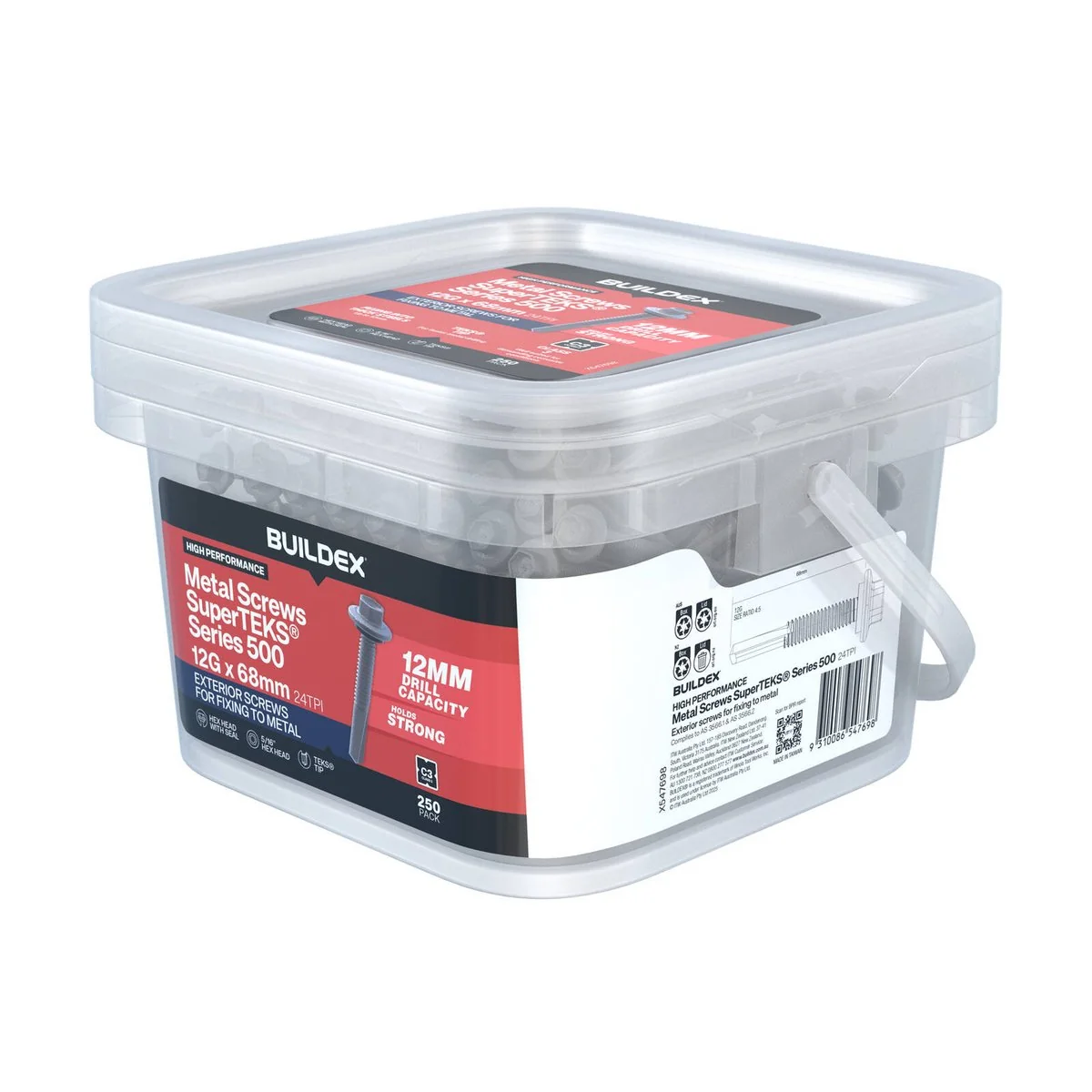 Buildex 12g Galvanised Superteks Screws - 68mm - 250 Pack - Self-Drilling - Image 2