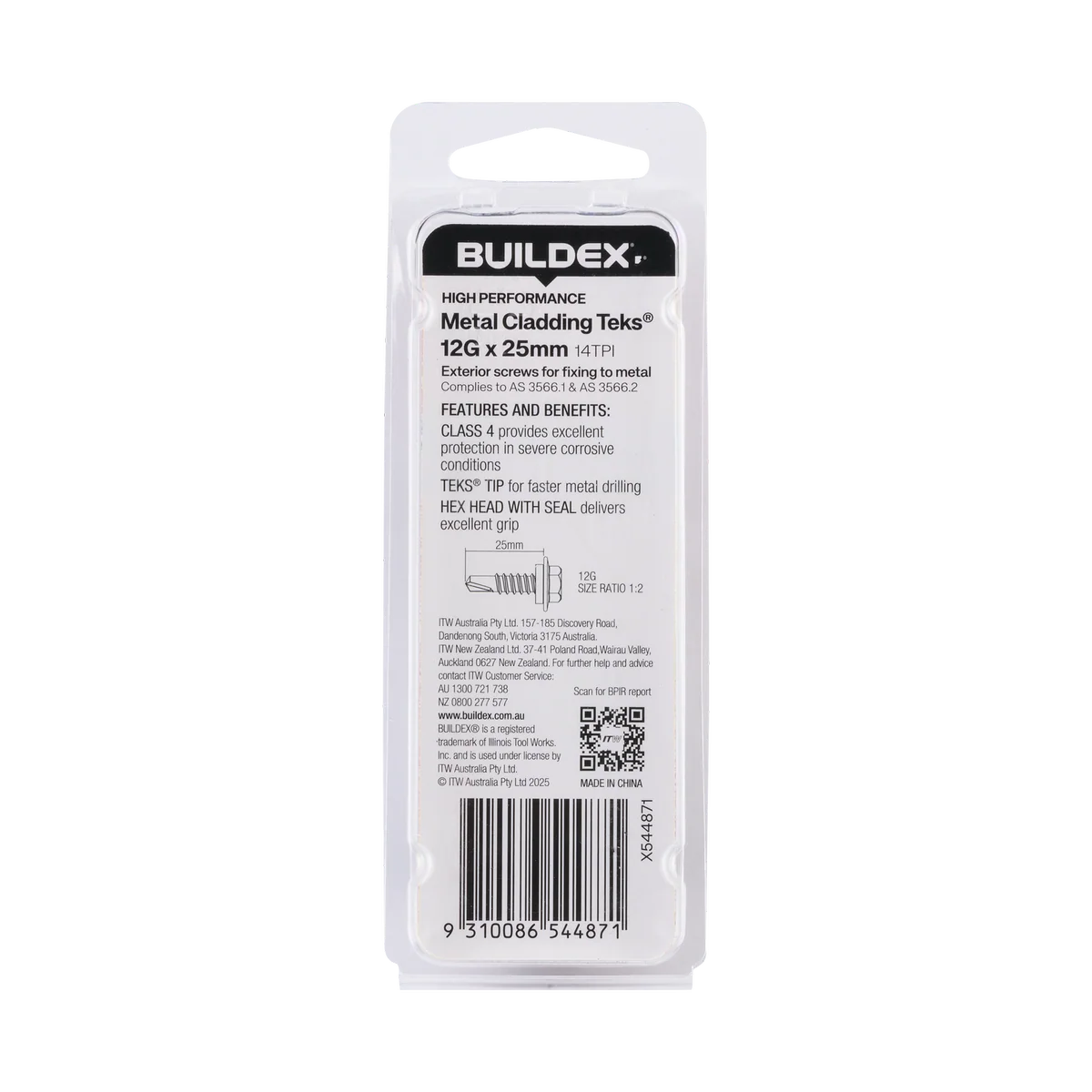 Buildex Cladding Fencing Teks Screws 12g x 25mm - 10 Pack - Self-Drilling - Corrosion Resistant - Image 2