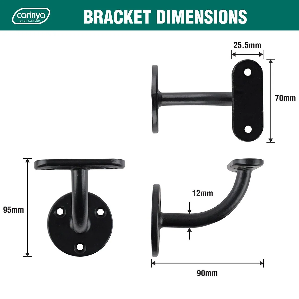 Carinya Black Flat Top Curved Handrail Bracket - 70mm x 90mm x 95mm - Image 4