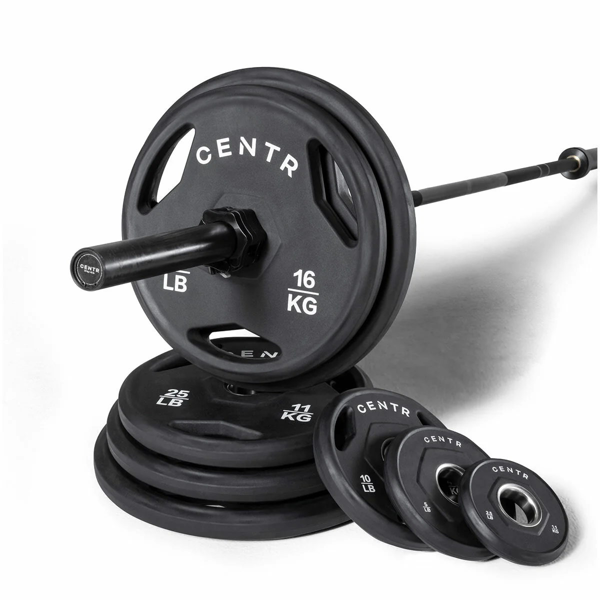 Centr 136kg Rubber Olympic Weight Set with Bar 2.13m Black Chrome Plates and Locking Collars