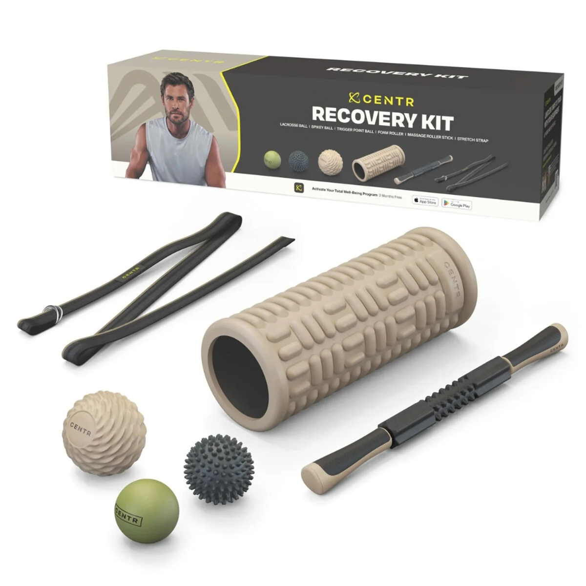 Centr Recovery Kit Foam Roller Massage Balls Black Stretch Strap