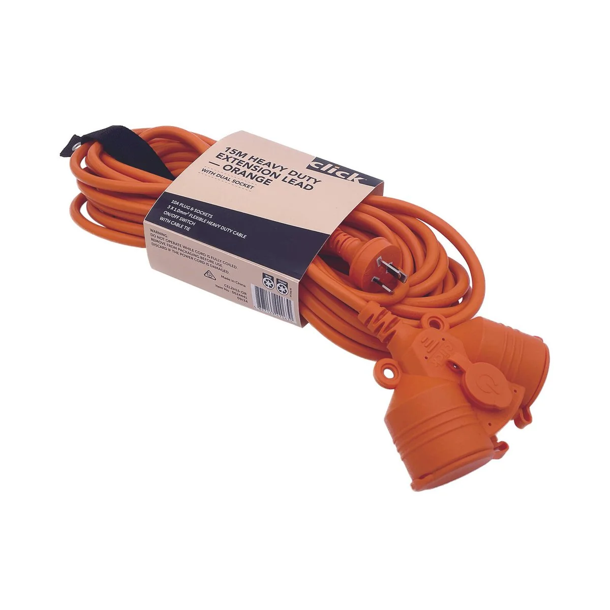 Click 15m Heavy Duty Extension Lead - Dual Socket - Orange - 10A - Image 2