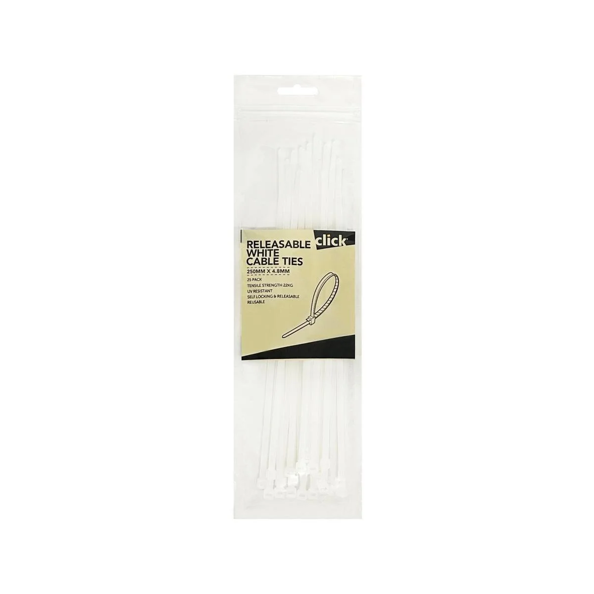 Click 250mm White Releasable Cable Tie 25 Pack - UV Resistant Nylon