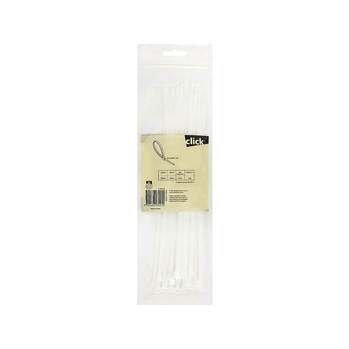 Click 250mm White Releasable Cable Tie 25 Pack - UV Resistant Nylon - Image 2