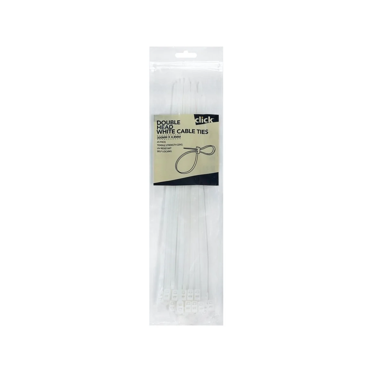 Click 300mm Double Headed Cable Tie 25 Pack - UV Resistant - White
