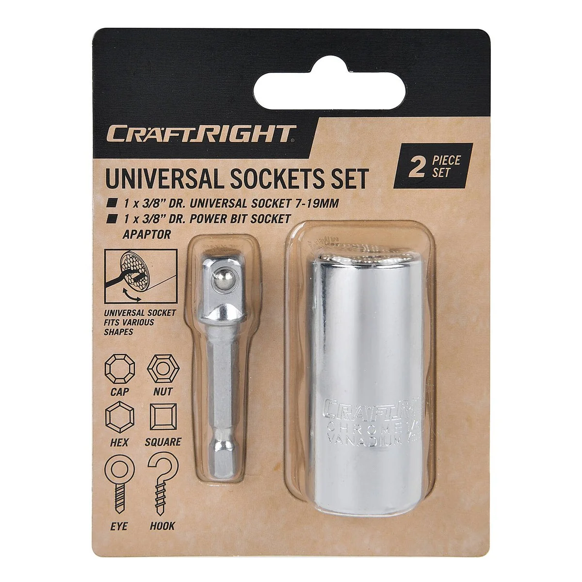 Craftright 2 Piece Universal Sockets Set - 3/8" Drive - Chrome Vanadium Steel - Adjustable 7-19mm - Image 3