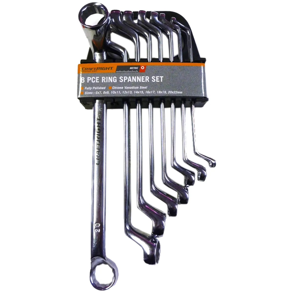 Craftright 8 Piece Ring Spanner Set 6x7mm to 20x22mm - Chrome