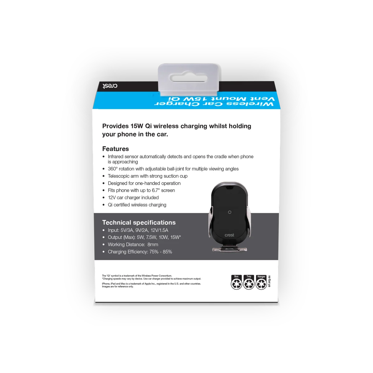 Crest Qi Wireless Car Charger Window Mount - 15W Fast Charging - Black - Image 4