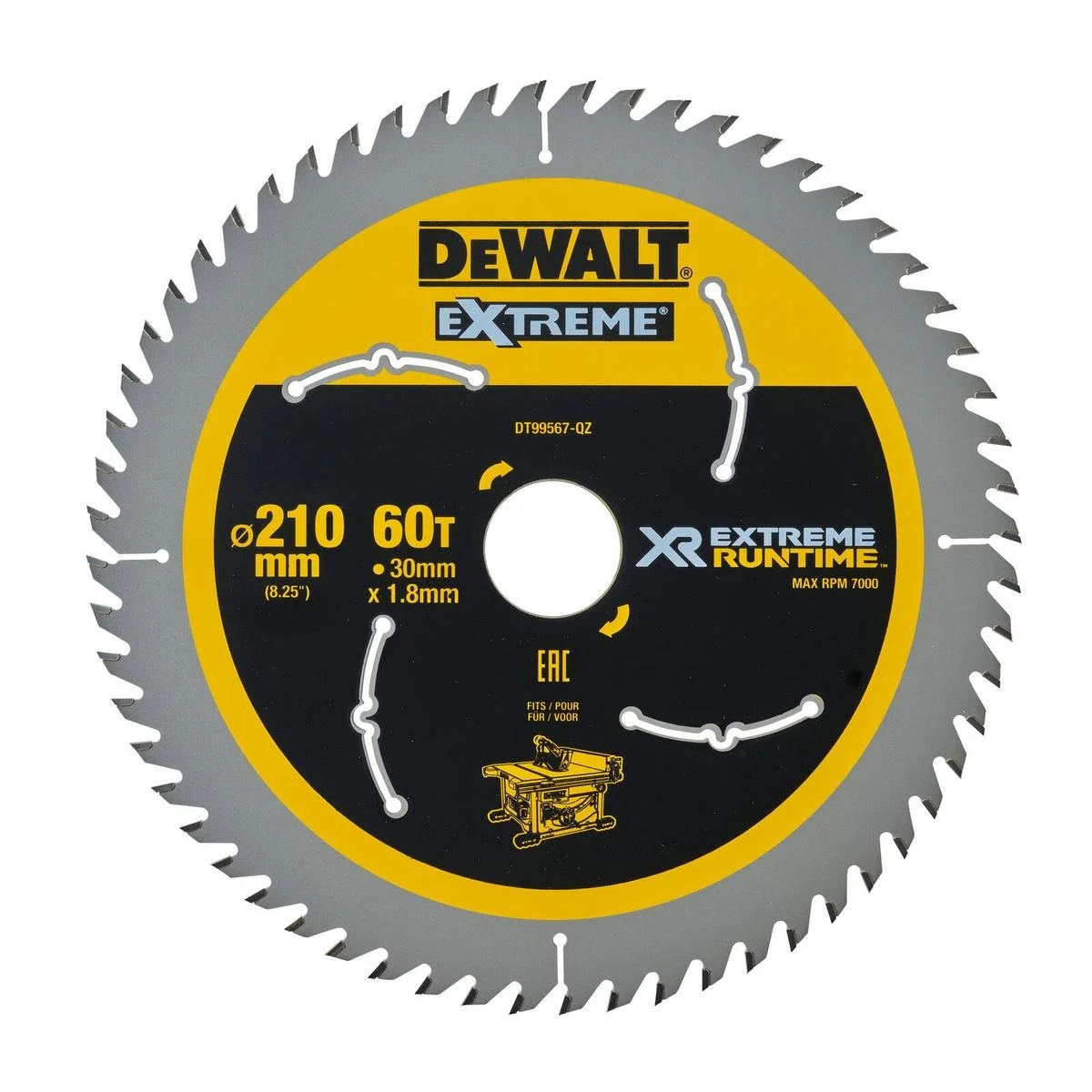 Dewalt 210mm 60t Circular Saw Blade - Extreme Runtime - DT99567-QZ - C3 Carbide