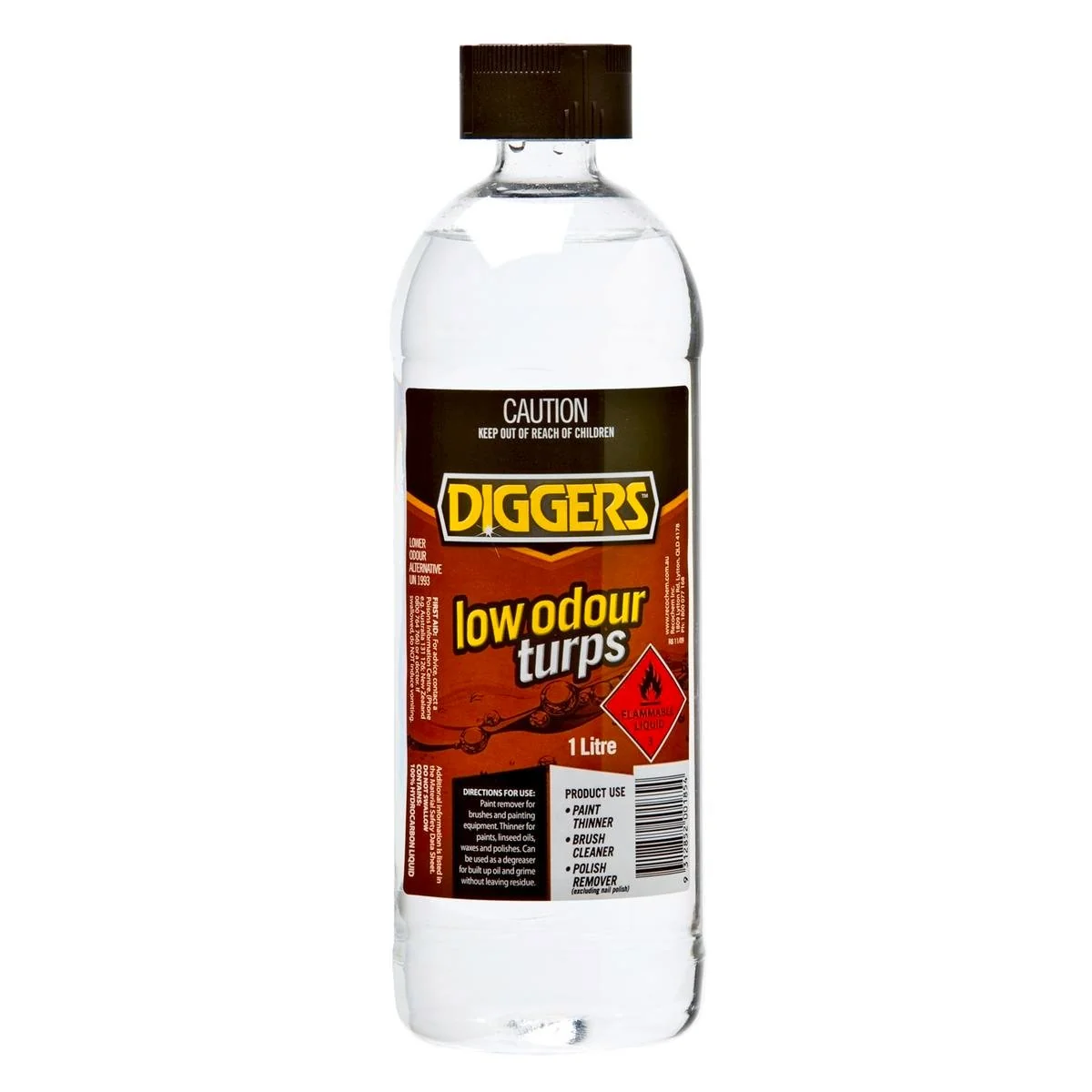DIGGERS 1L Low Odour Turpentine - Clear - Thins Paints - No Residue