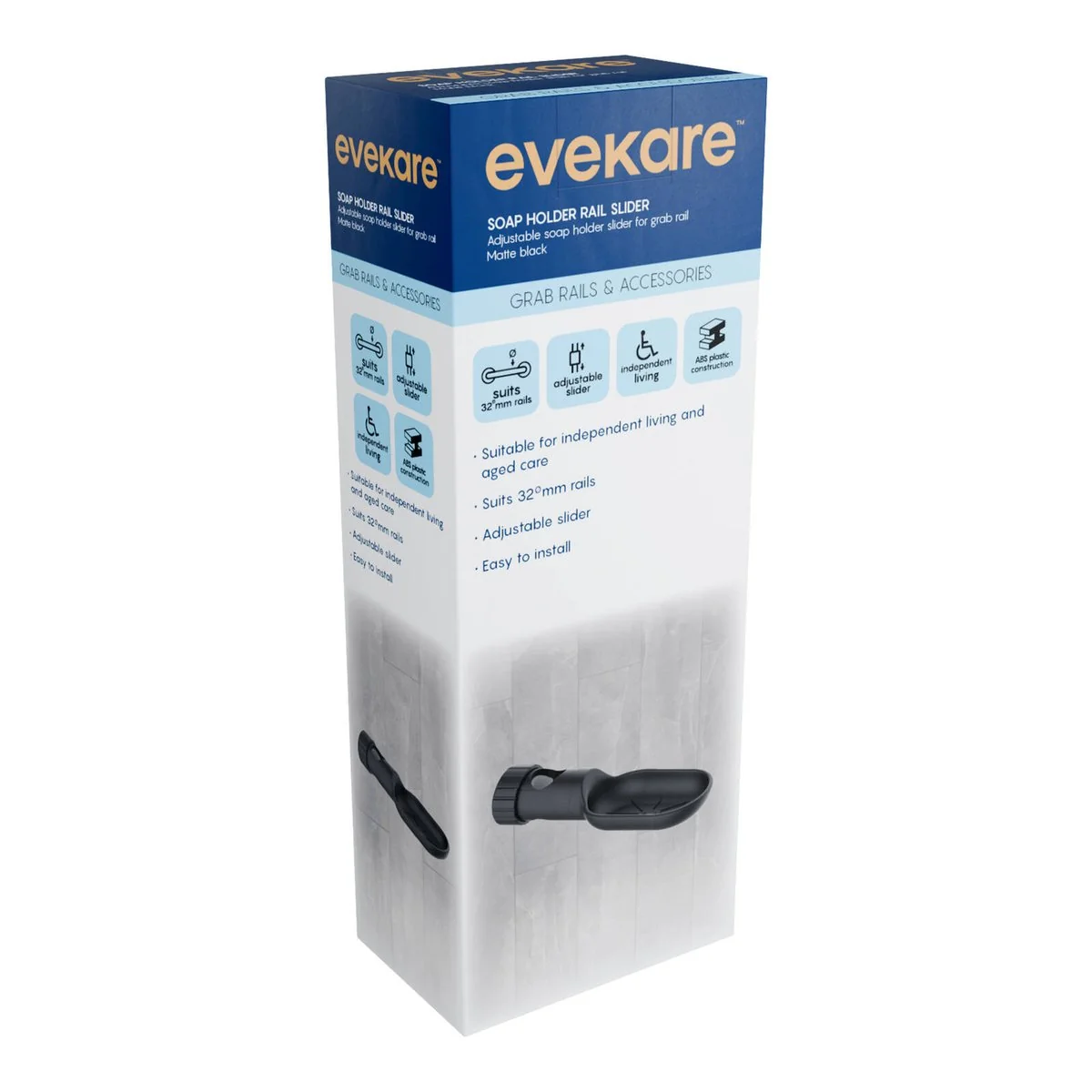 Evekare 32mm Matte Black Soap Holder - Adjustable - Easy Install - 95mm x 210mm x 61mm - Image 2