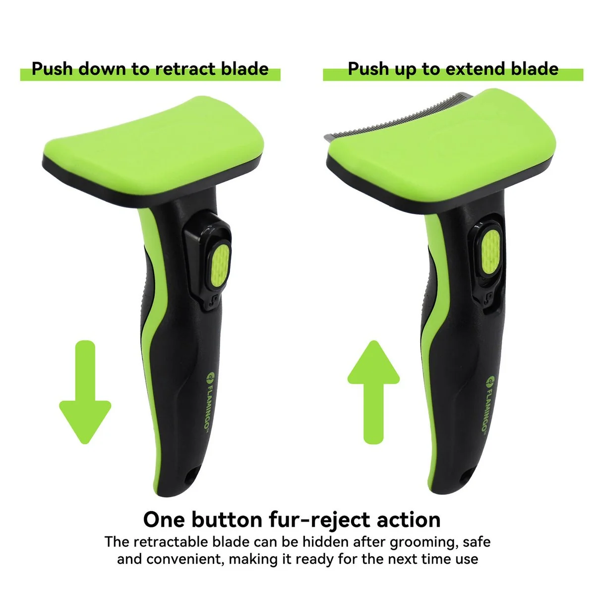 Flamingo Green Self Cleaning Deshedding Tool - 95mm x 160mm - Retractable Blades - Image 5