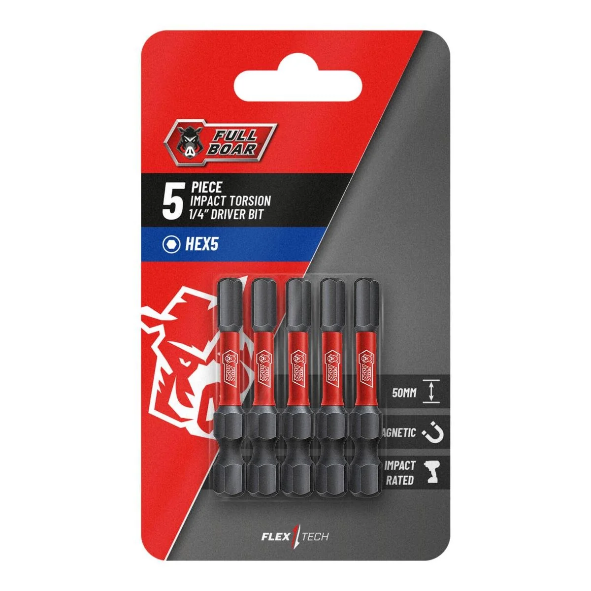 Full Boar Impact Torsion Bit - 50mm x HEX5 - Hardened S2 Steel - Magnetic Tips