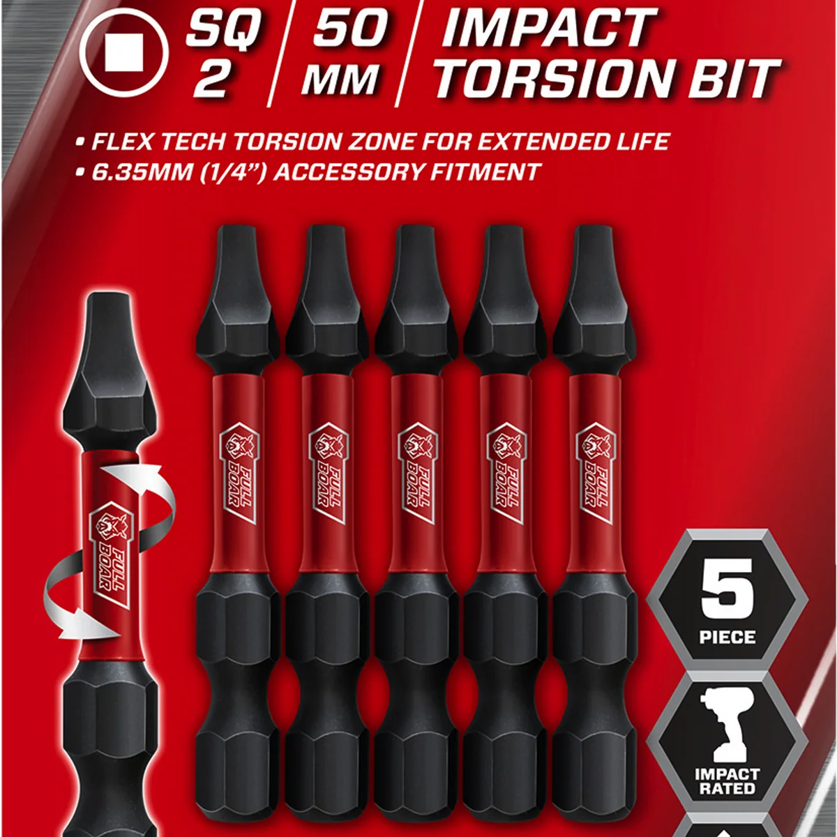 Full Boar Impact Torsion Bit - SQ2 x 50mm - S2 Steel - Magnetic Tips