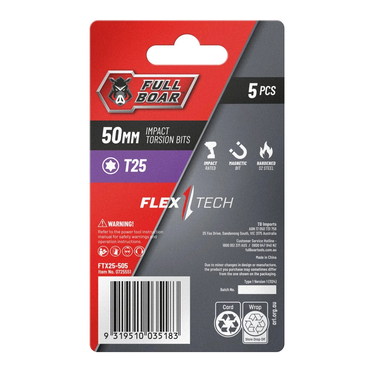 Full Boar Impact Torsion Bits Set - T25 x 50mm - 5 Pack - Durable & Precise - Image 2