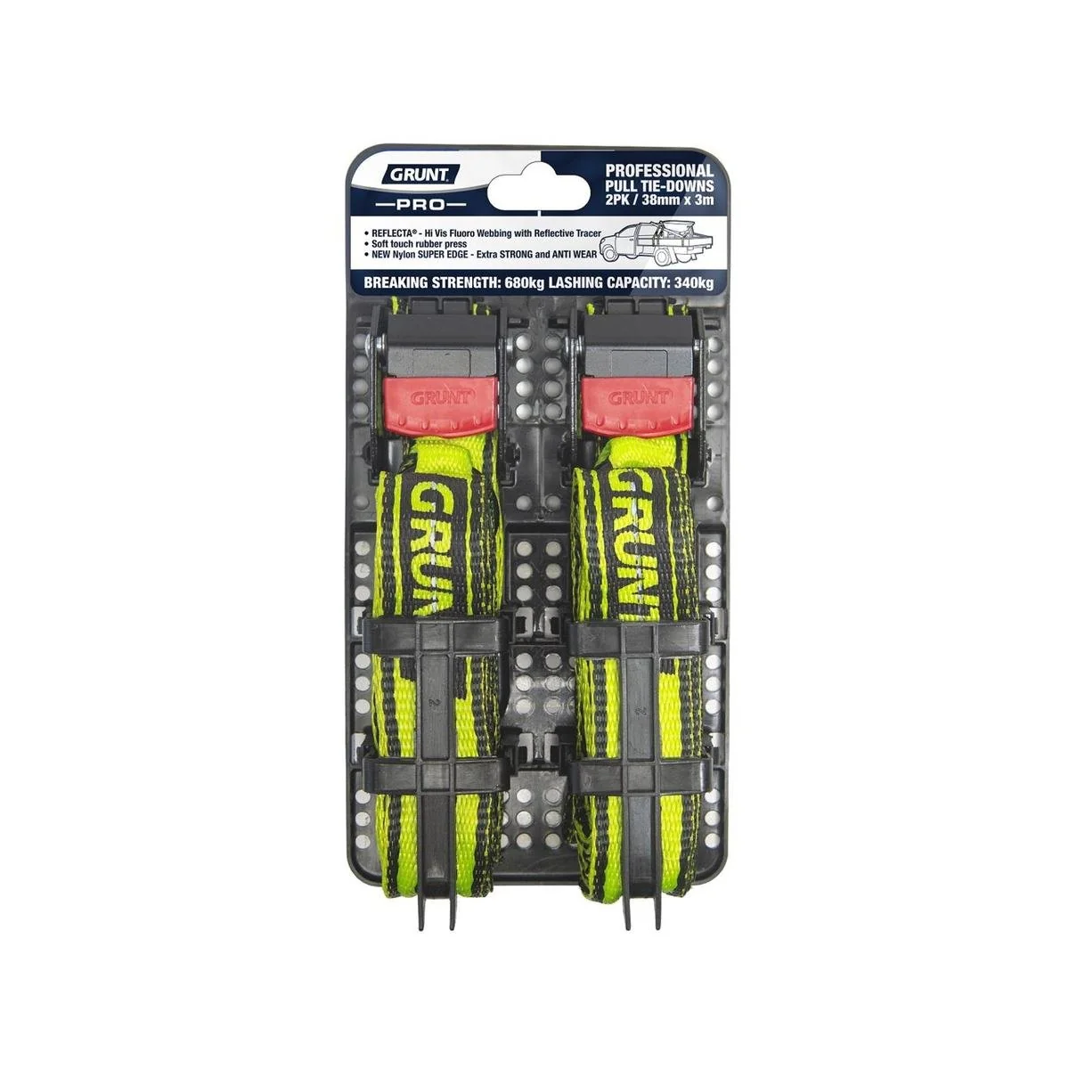 Grunt Pro Cam Buckle Tie Downs - 38mm x 3m - Reflective - 340kg