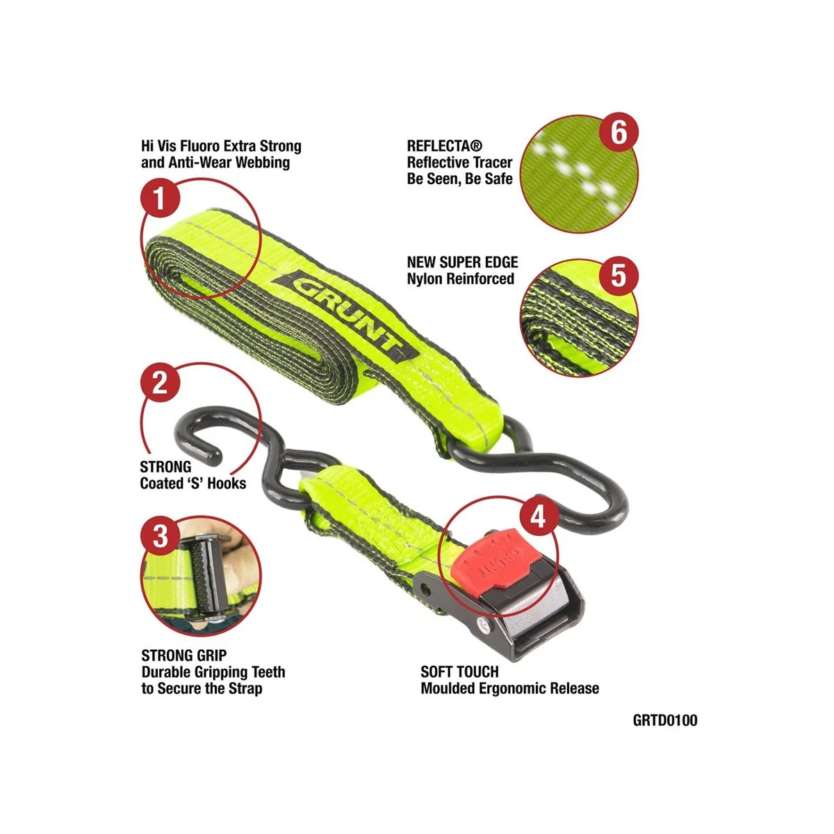 Grunt Pro Cam Buckle Tie Downs - 38mm x 3m - Reflective - 340kg - Image 5