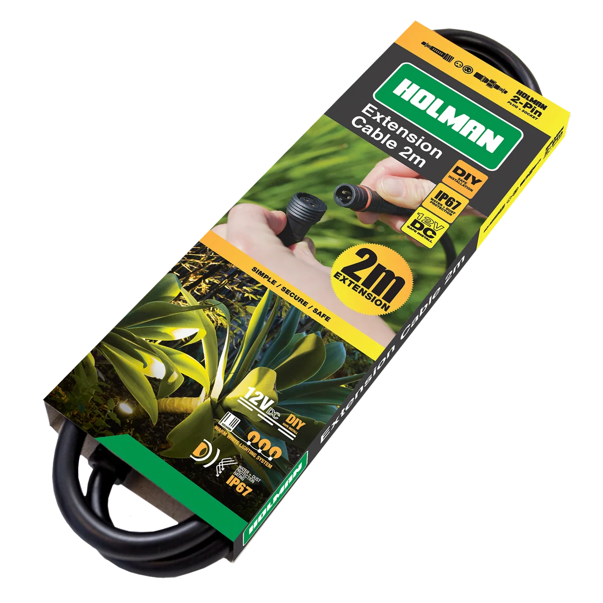 Holman Warm White Garden Light Extension Cable 2m - Waterproof - Black