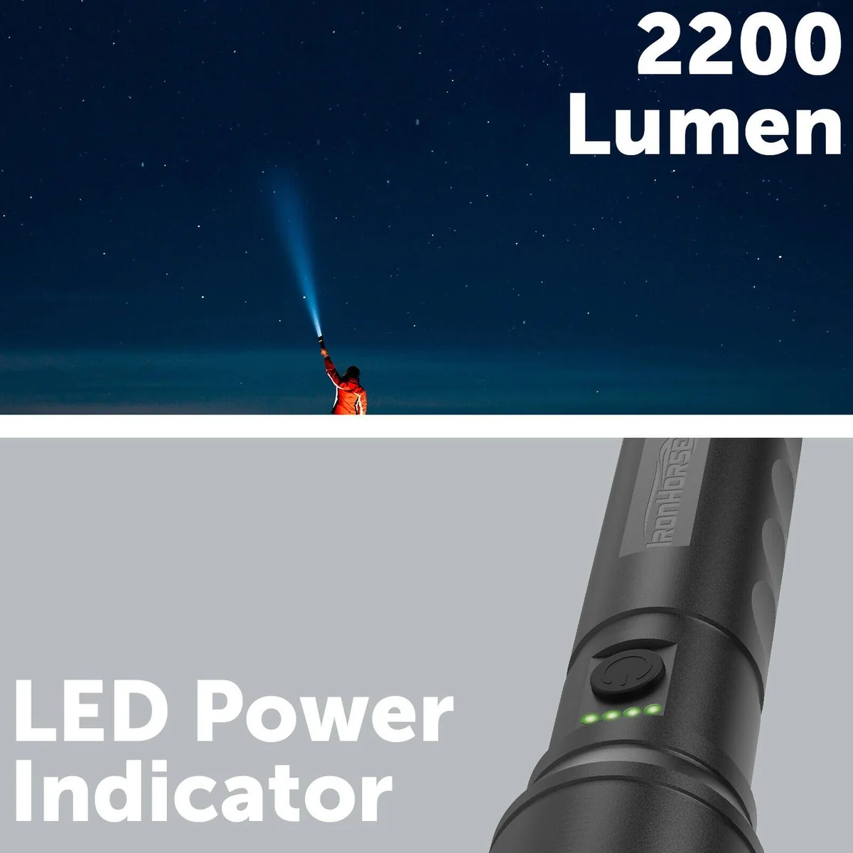Ironhorse 2200lm Premium Hybrid Dual Power Torch Flashlight - 300mm - Black/Gun Metal - Rechargeable - Adjustable Focus - Water Resistant - Image 4
