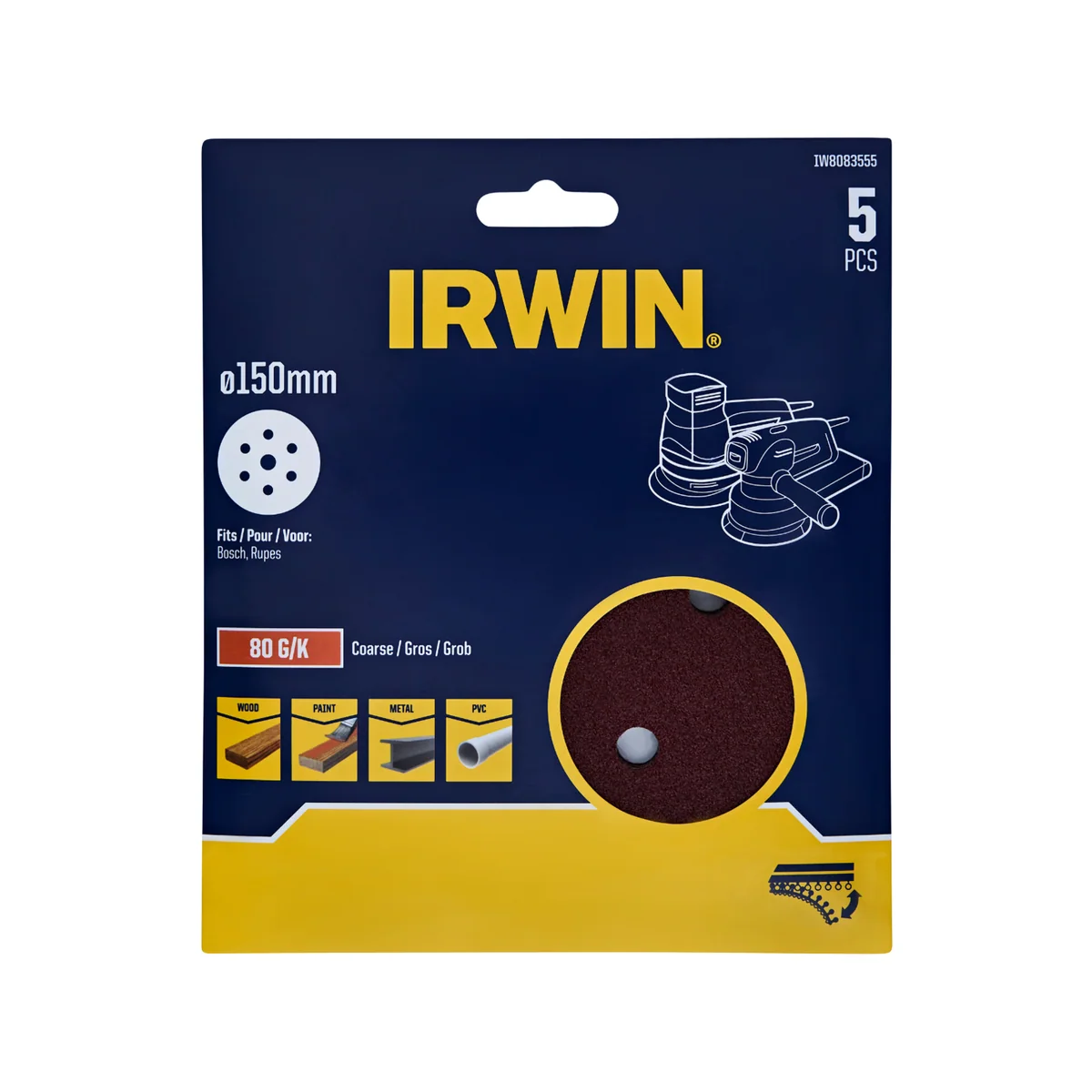 Irwin 150mm Quick Fit Random Orbital Sanding Discs 5 Pack - 80 Grit - 6-1 Holes - Medium Stock Removal