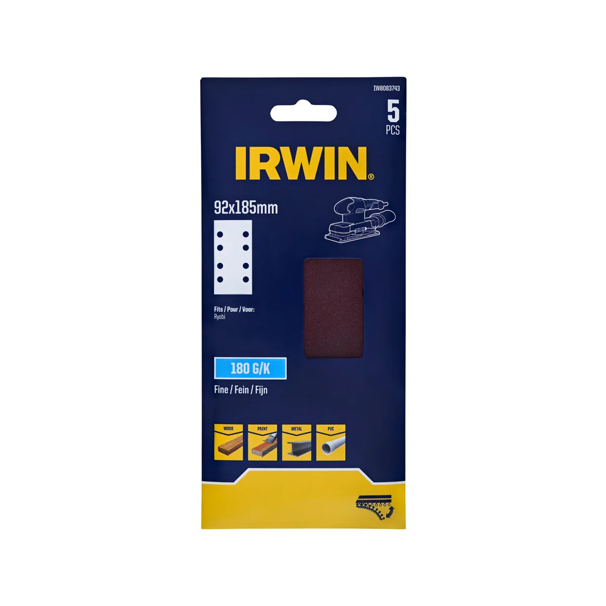 Irwin Sanding Sheets 180 Grit 92 x 185mm - 5 Pack - Aluminium Oxide