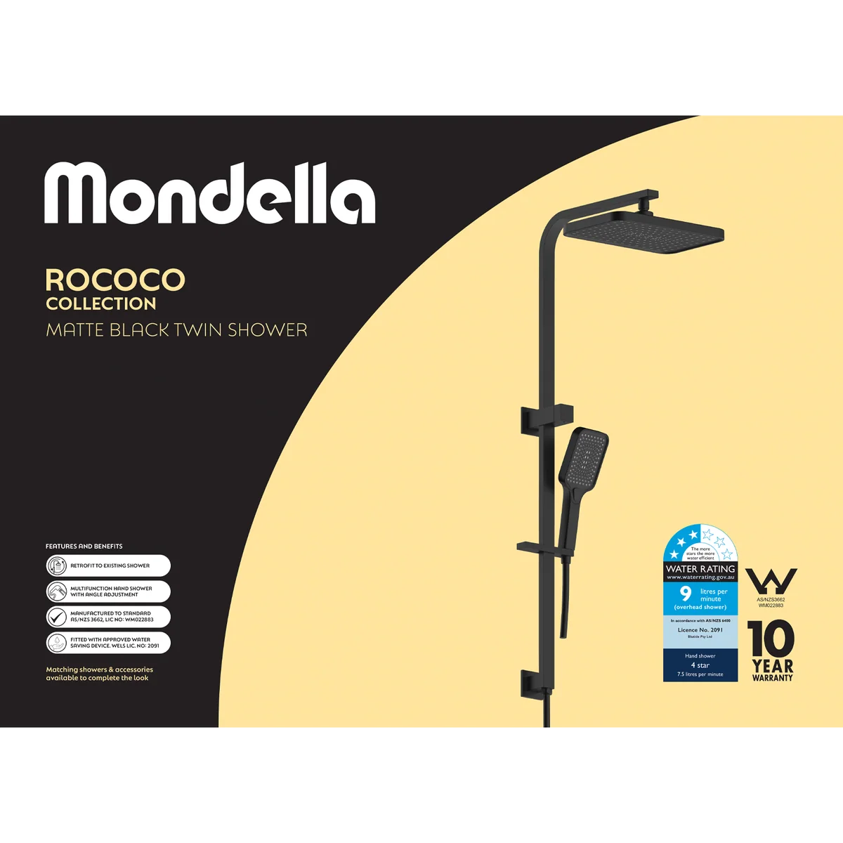 Mondella Wels Multifunction Twin Shower 9L Min 430mm Black Matte - Water-Saving - Image 4