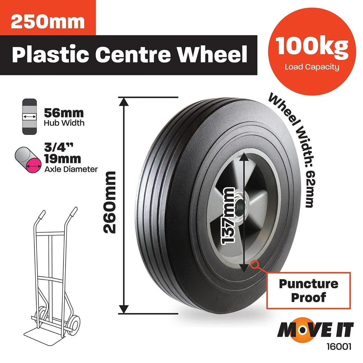 Move It 250mm Grey Plastic Centre Wheel - Solid Rubber - 100kg Capacity - Image 2