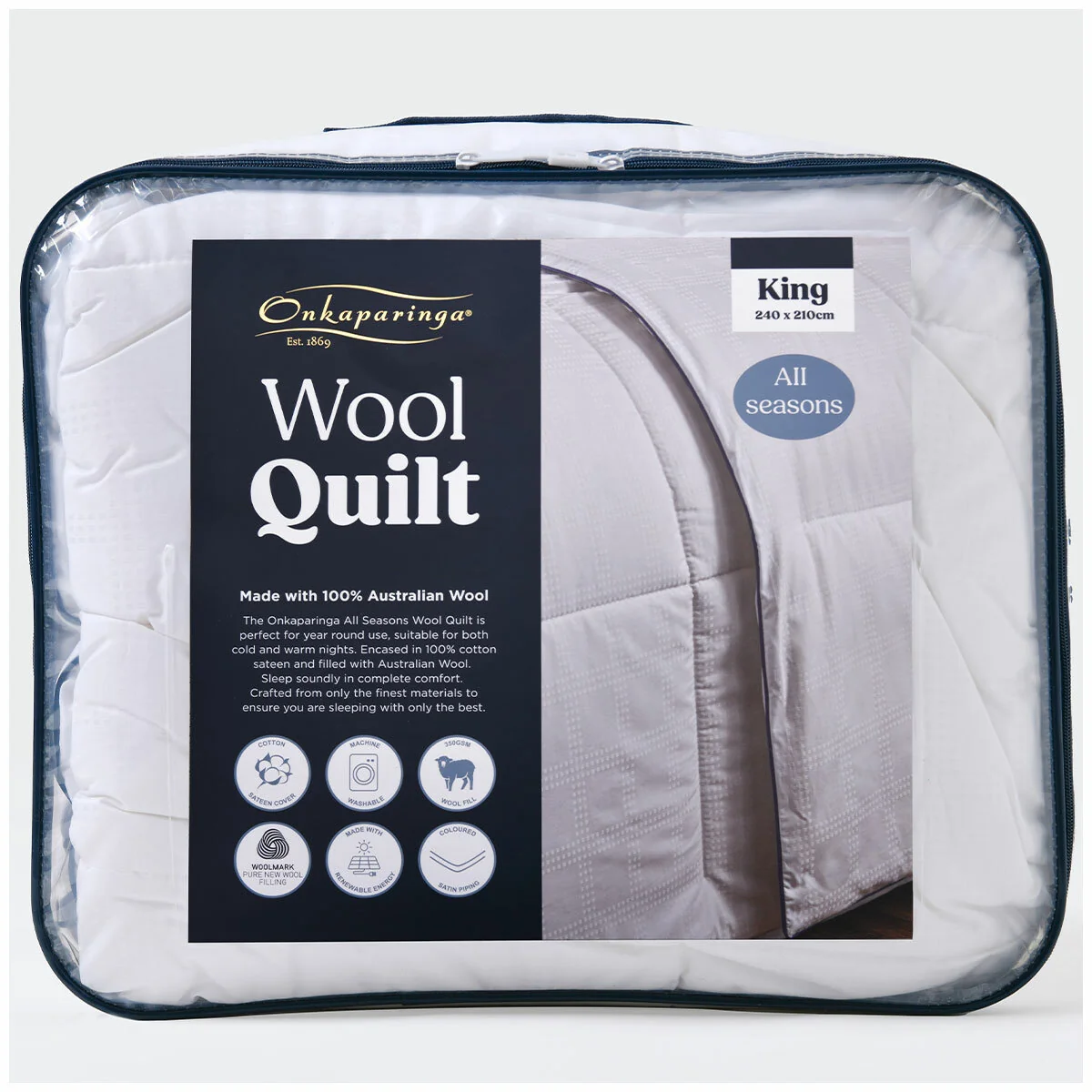 Onkaparinga All Seasons Wool Quilt King White Cotton Sateen Australian Wool - Image 4