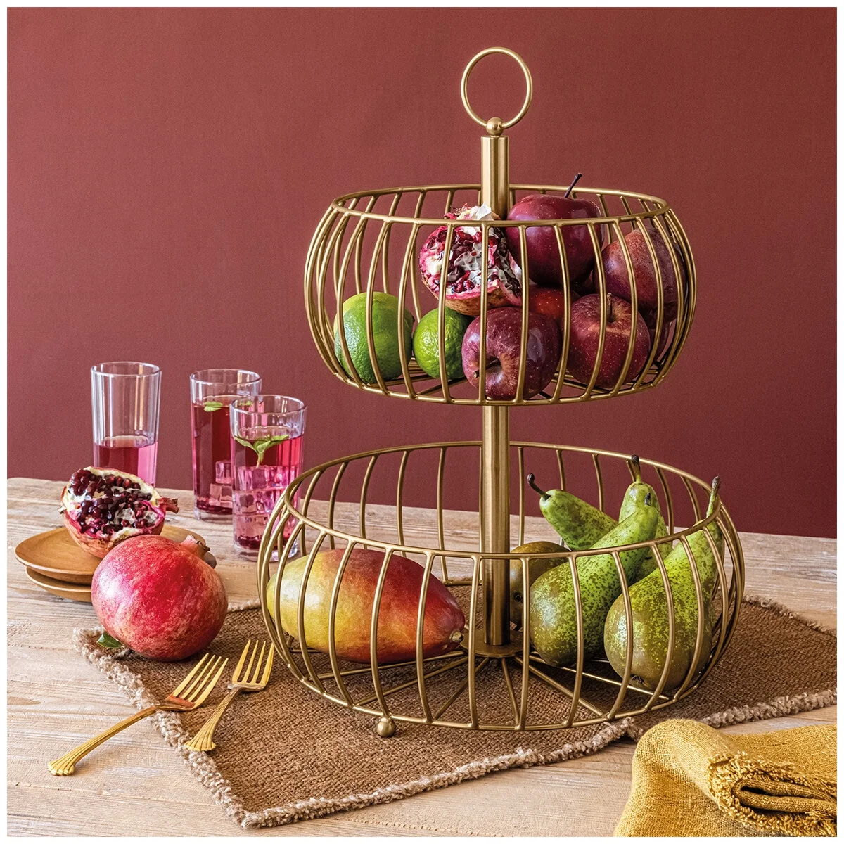 over&back Two-Tier Golden Fruit Basket TS-01-GB Brushed Gold Metal