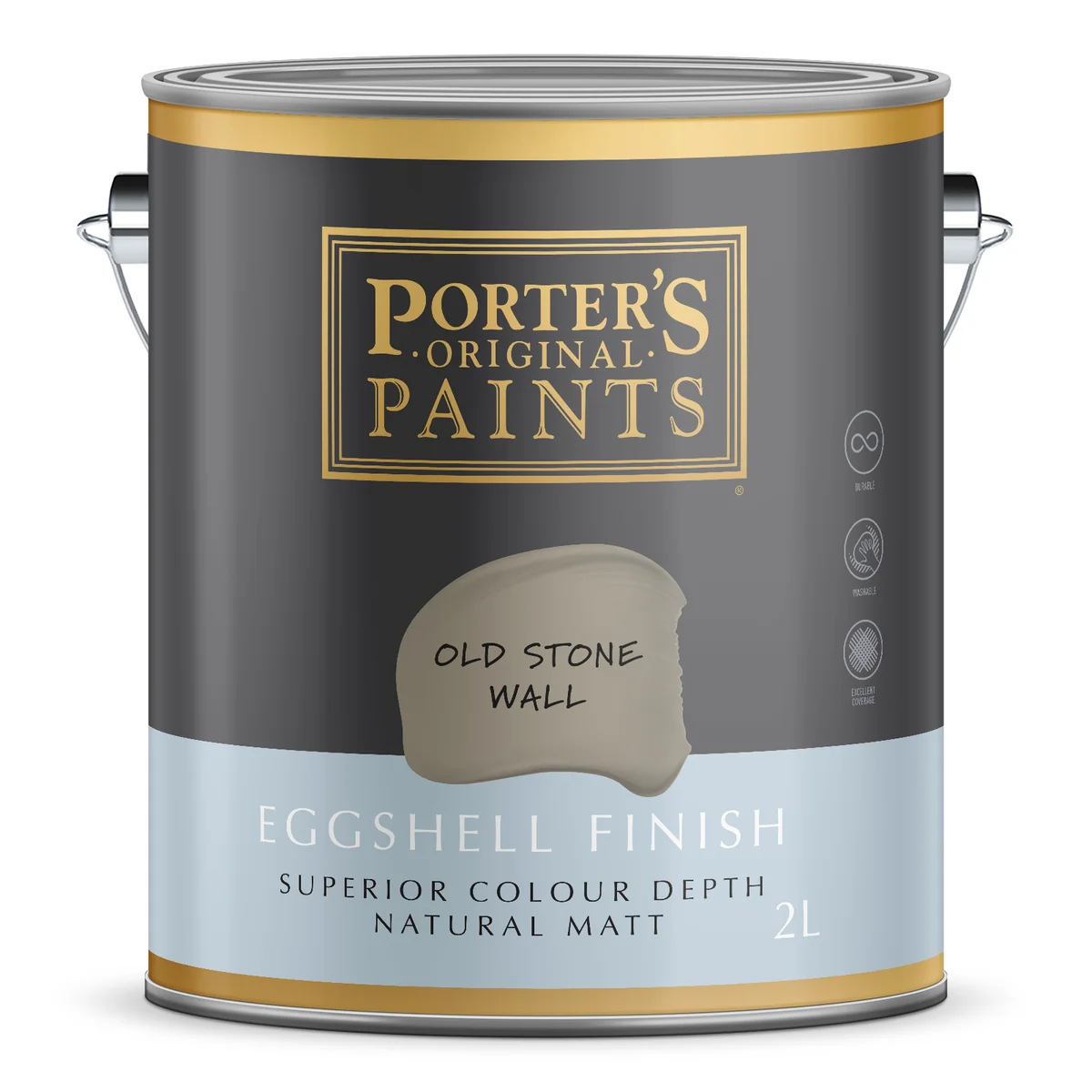 Porter S Washable Paint - 2L - Old Stone Wall - Eggshell Finish - 162mm x 156mm x 141mm