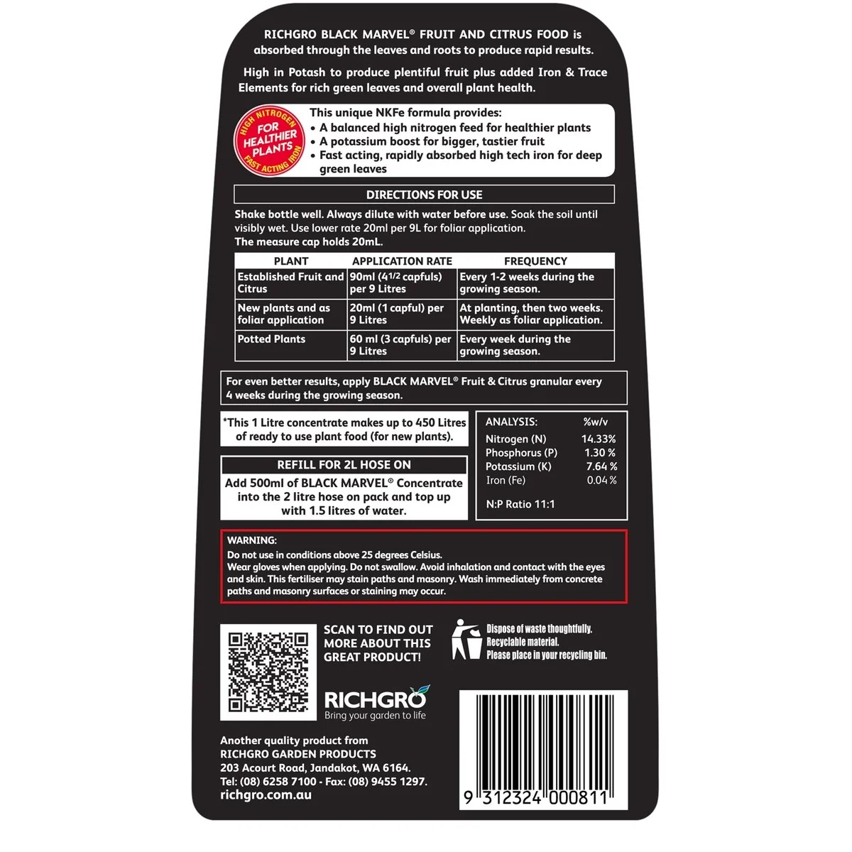 Richgro Black Marvel Fruit and Citrus Food Concentrate Liquid Fertiliser 1L - Image 2