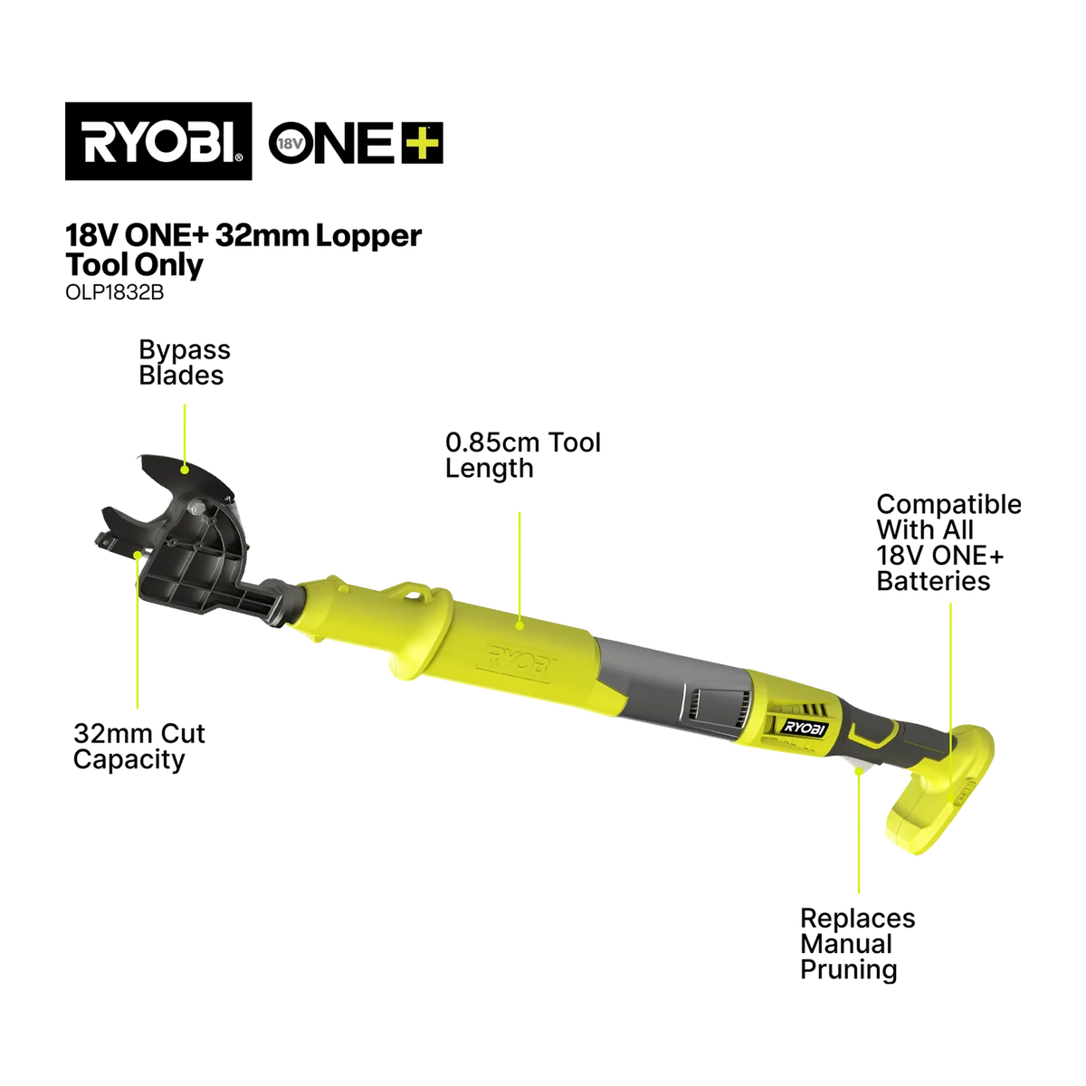 Ryobi 18V ONE+ Lopper OLP1832B - 32mm Cutting Capacity - Green - Image 2