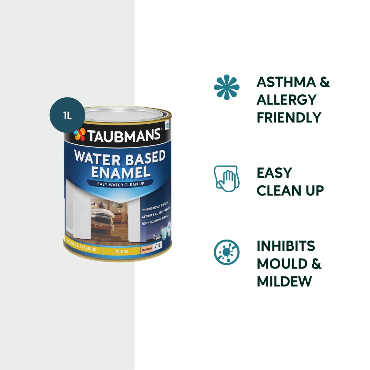 Taubmans 1L Neutral Gloss Water Based Enamel Paint - Low VOC - Durable Finish - Image 2