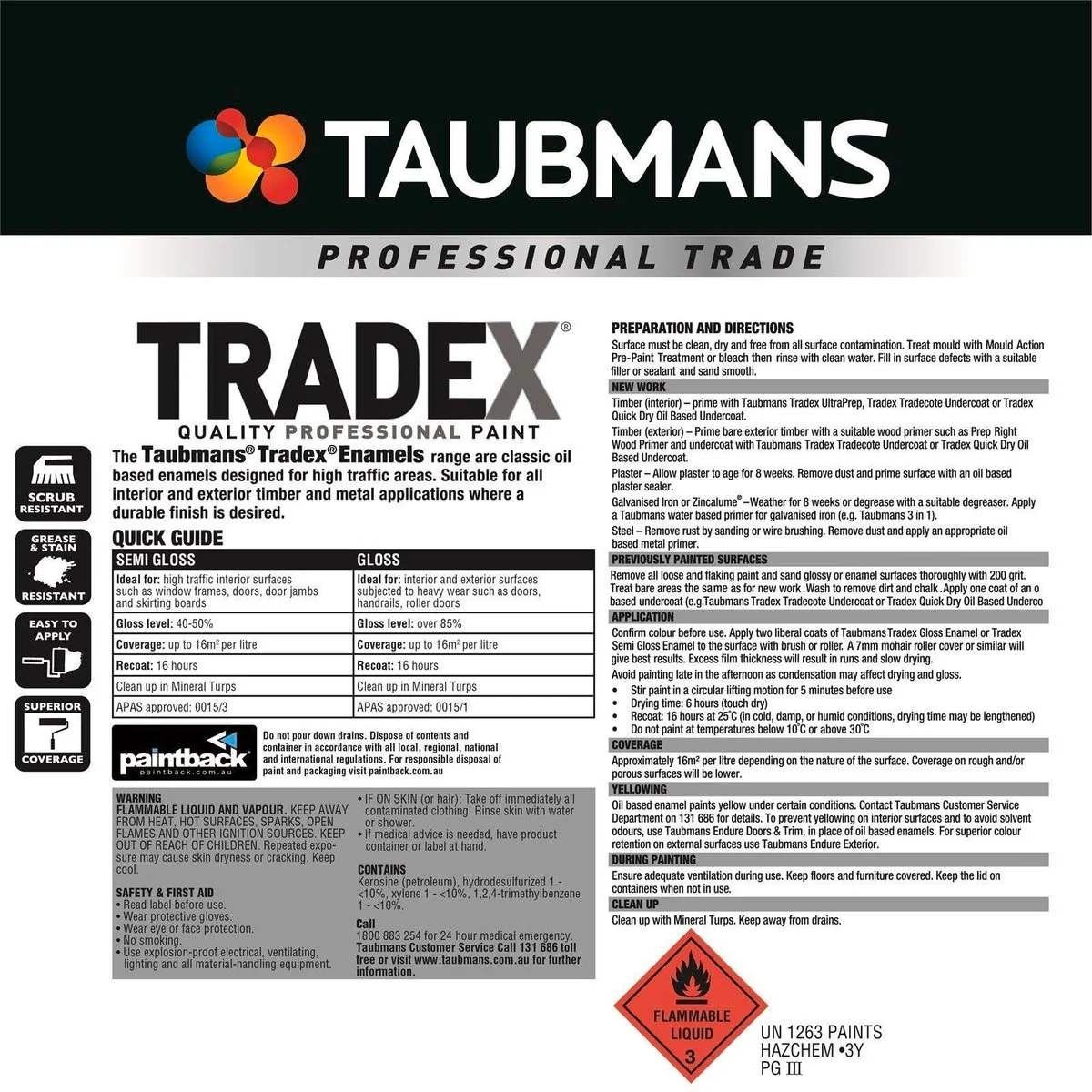 Taubmans 4L Tradex Semi Gloss White Enamel Oil Based Paint - Durable Finish - Washable - 16 m²/L Coverage - Image 3