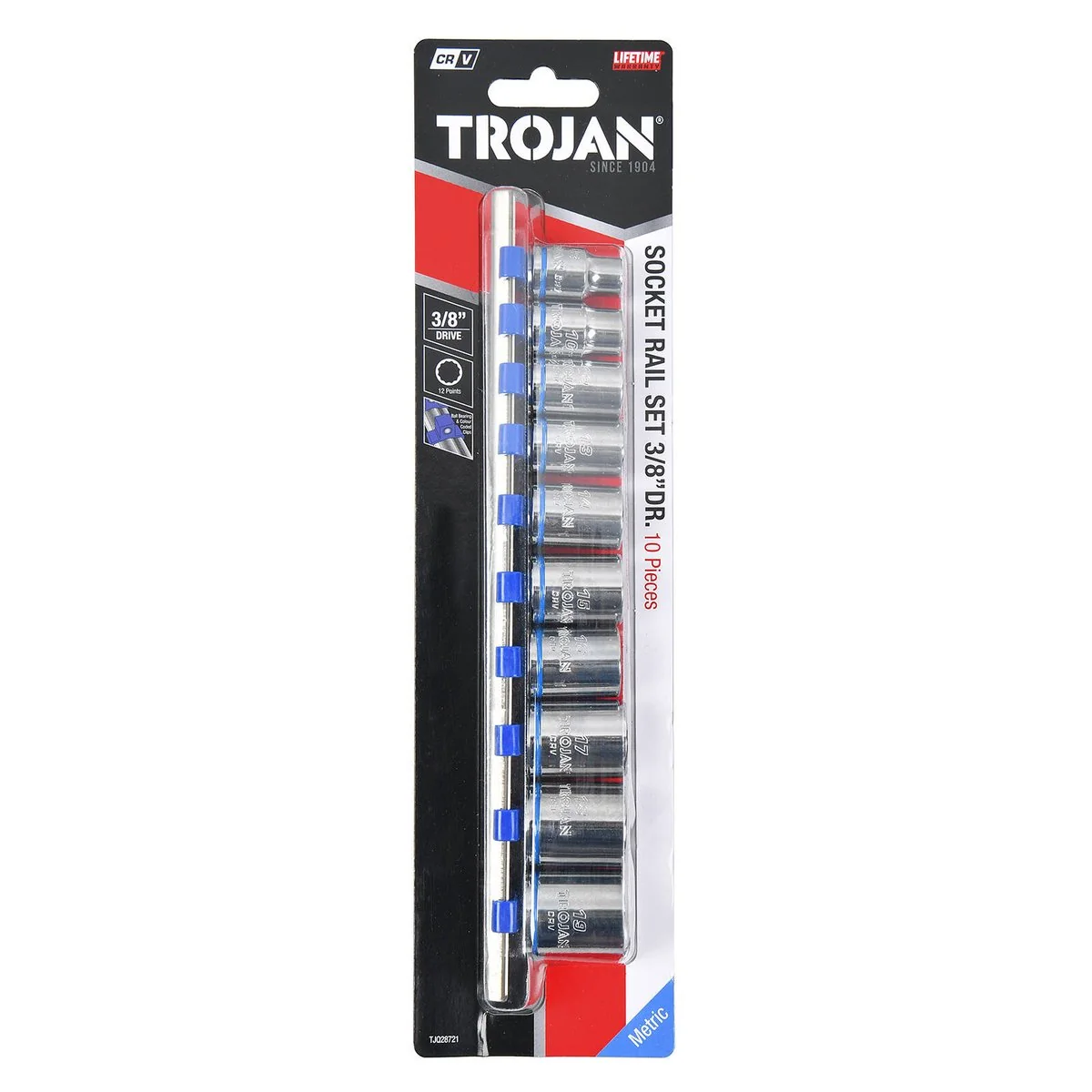 Trojan 10 Piece Socket Rail Set 3/8" - Metric Chrome Vanadium Sockets - Image 3