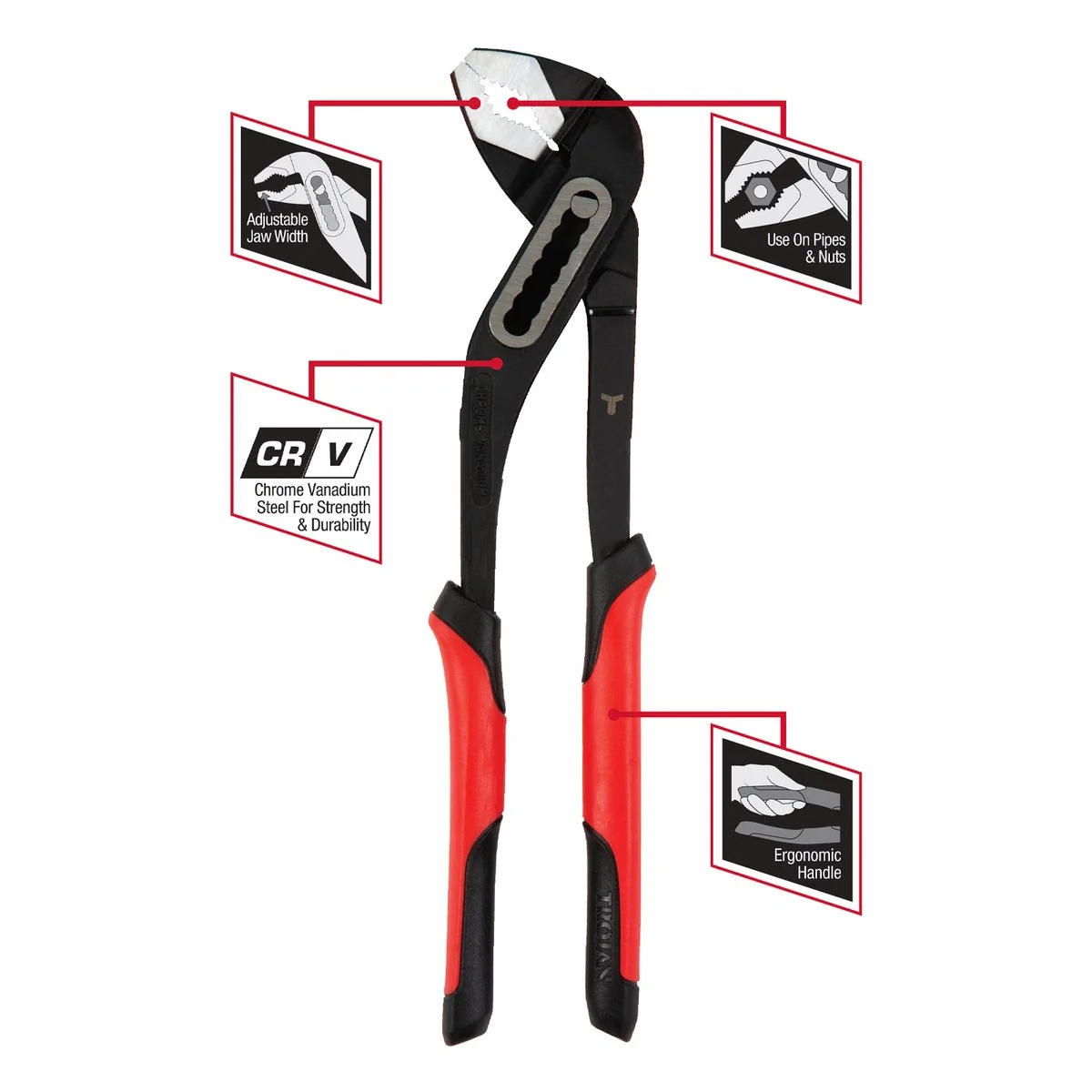 Trojan 300mm Multigrip Plier - Red and Black - Chrome Vanadium Steel - Image 3