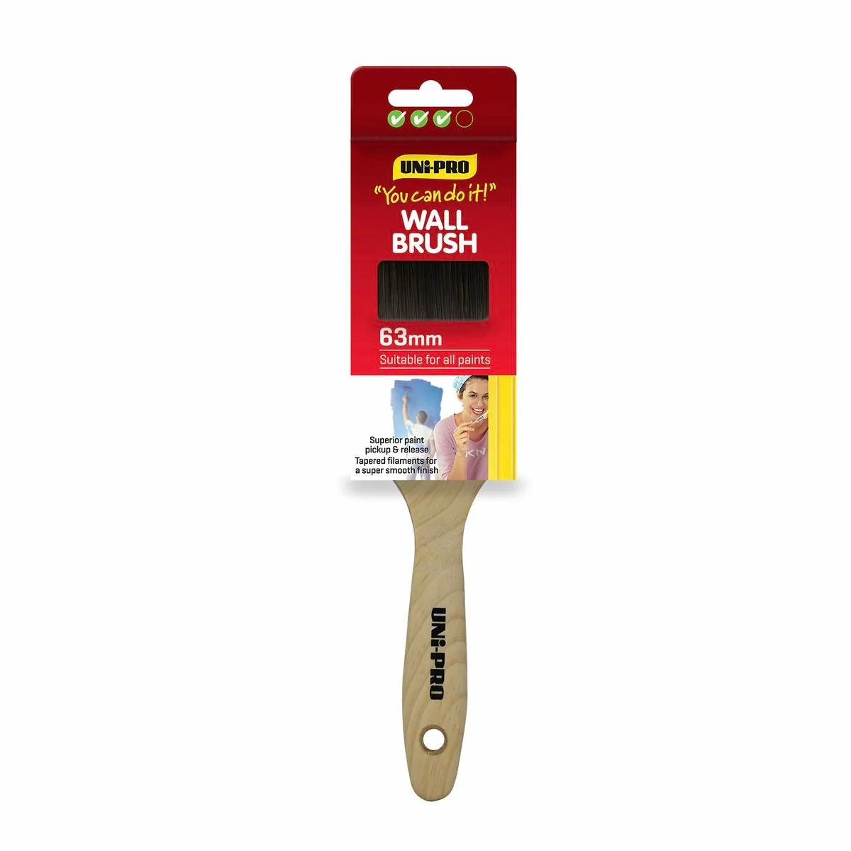 Uni Pro 63mm Synthetic Wall Paint Brush - Timber Handle - Smooth Finish