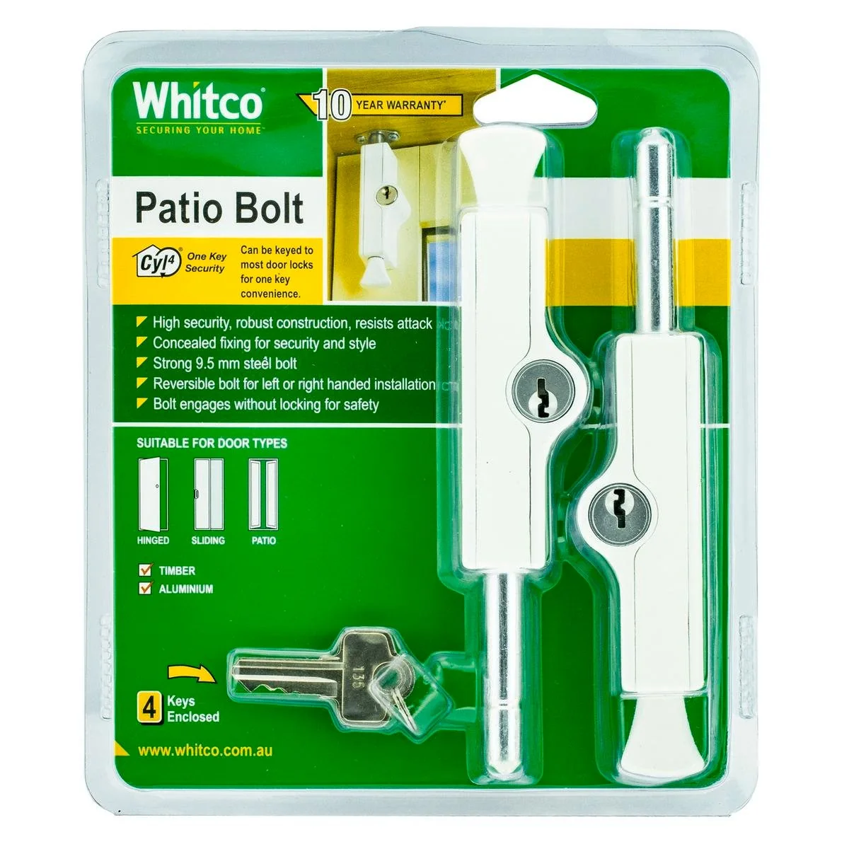 Whitco Patio Bolt - 2 Pack - Solid Zinc - High Security