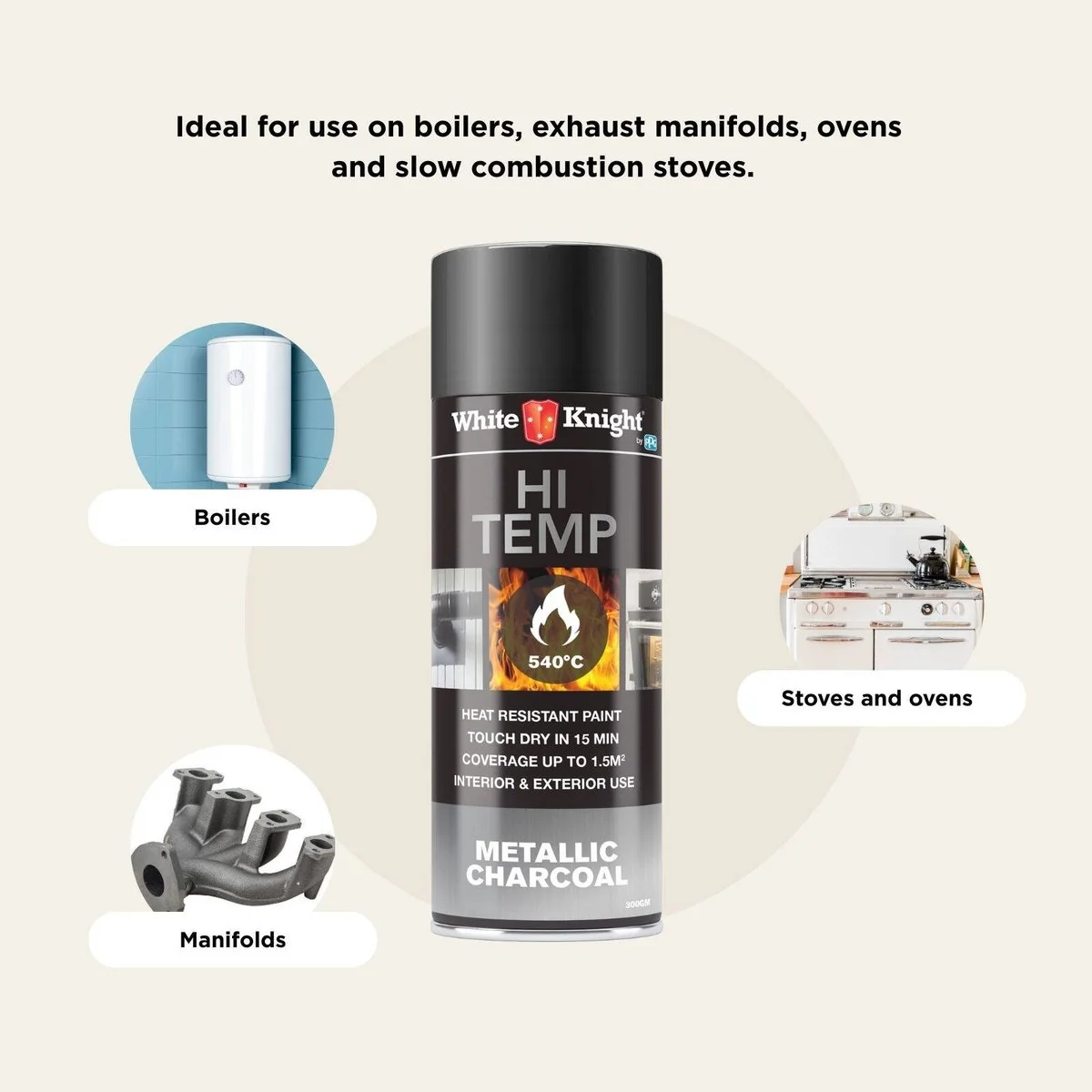 White Knight Hi Temp Spray Paint - 300g - Metallic Charcoal- Solvent Based - Heat Resistant - Image 4