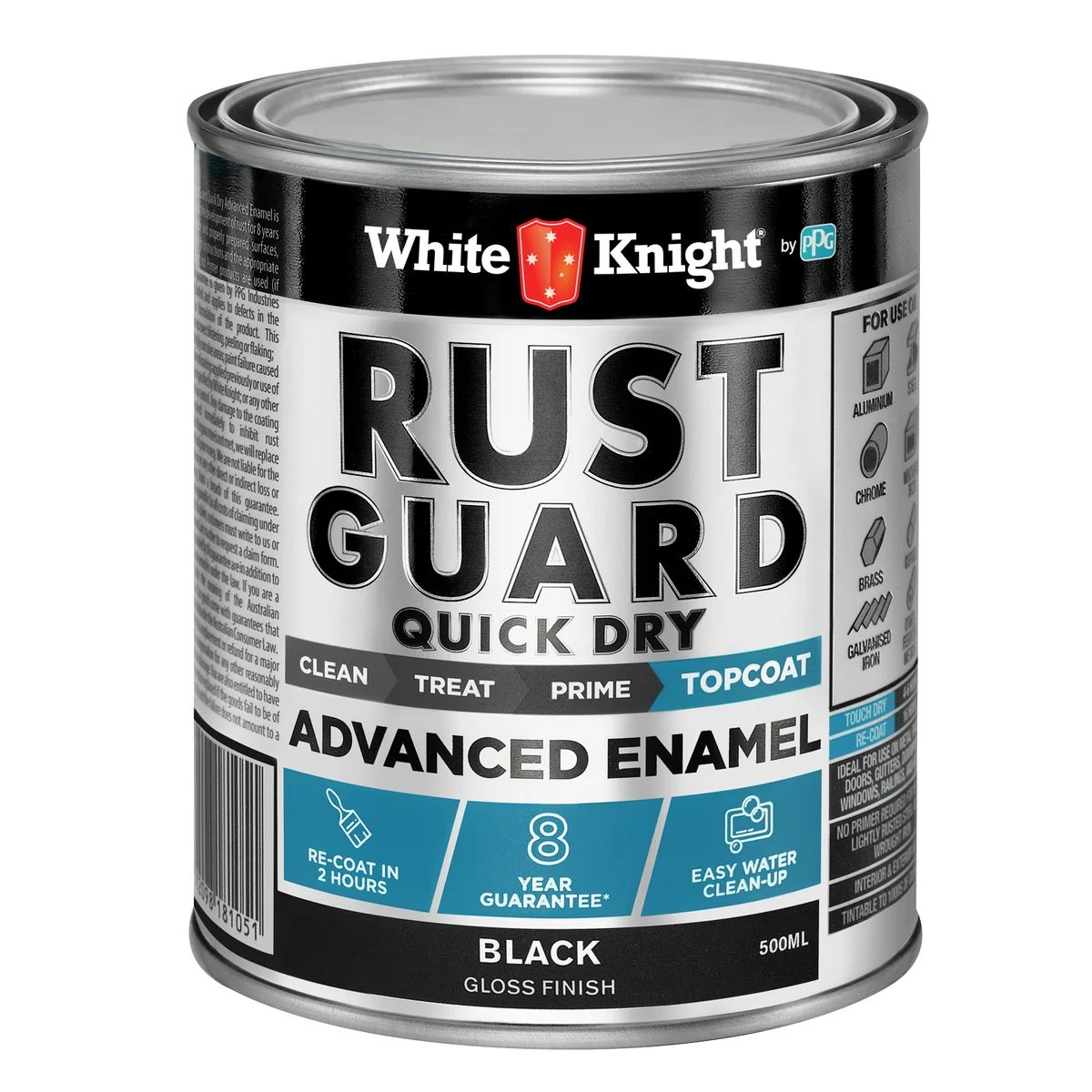White Knight Rust Guard Enamel Paint - 500ml - Black Gloss - Quick Dry